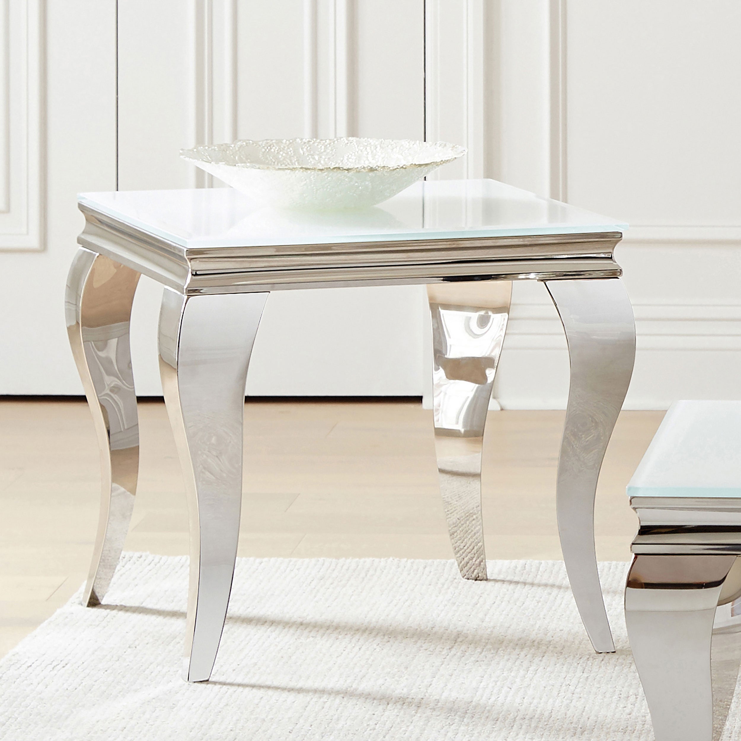 Carone Square Glass Top End Side Table White and Chrome — view 2
