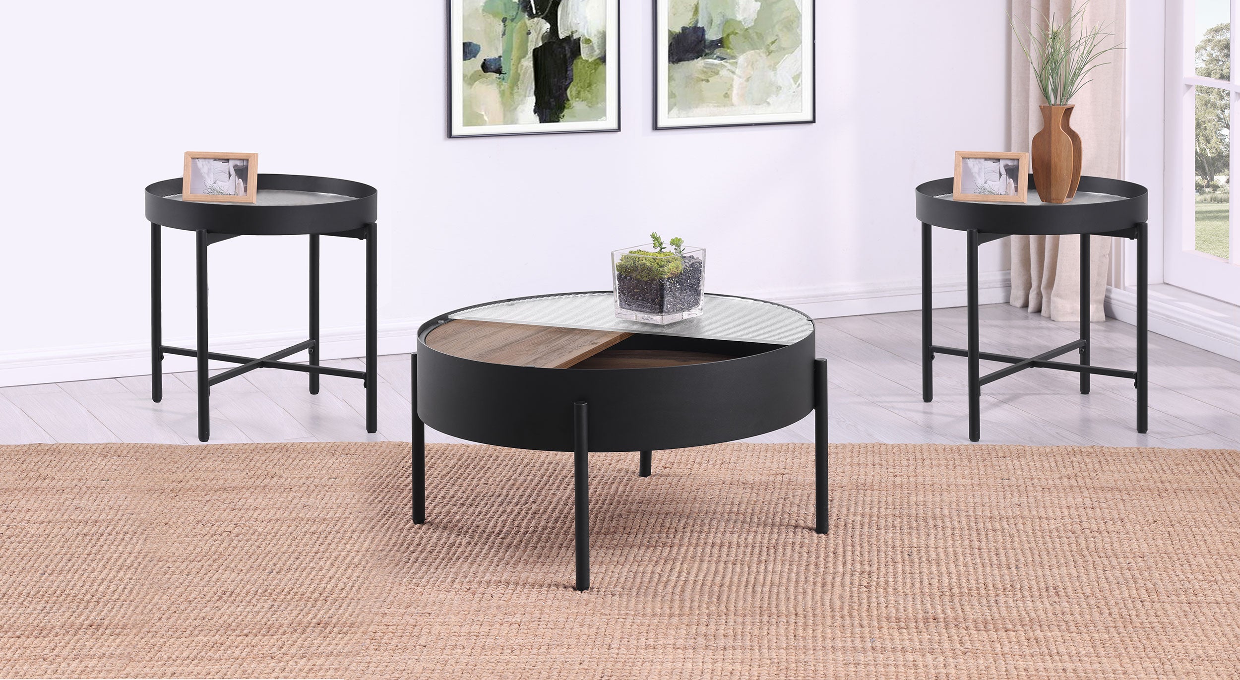 Ozella 3-piece Round Coffee and End Table Set Sandy Black — view 2