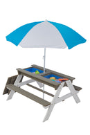 Wooden Kids Picnic Table, Sand And Water Table With Umbrella, Activity Table For Outdoor Backyard Patio Play - White / Gray
