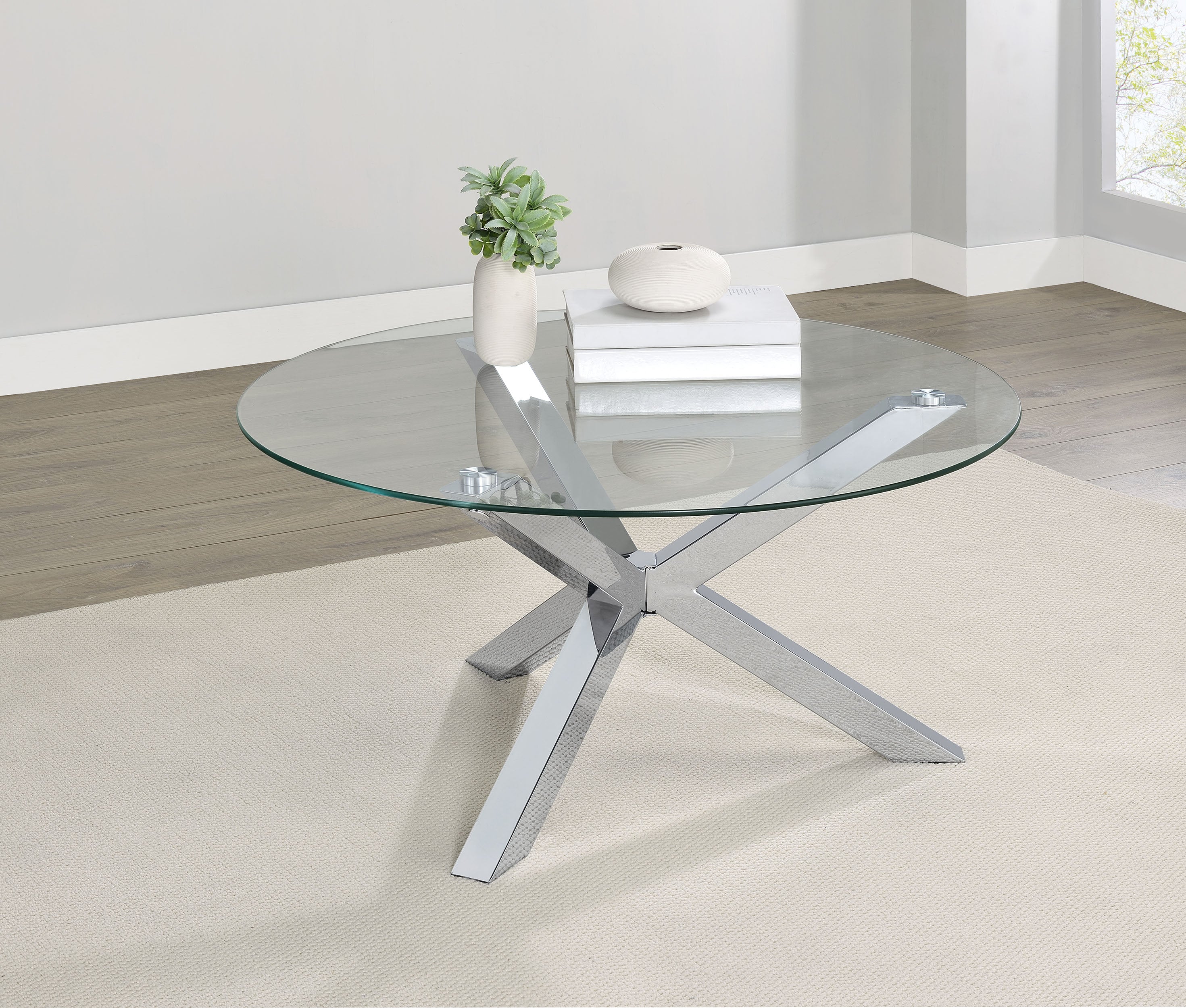 Kenzie Round Tempered Glass Top Cocktail Coffee Table Chrome — view 2