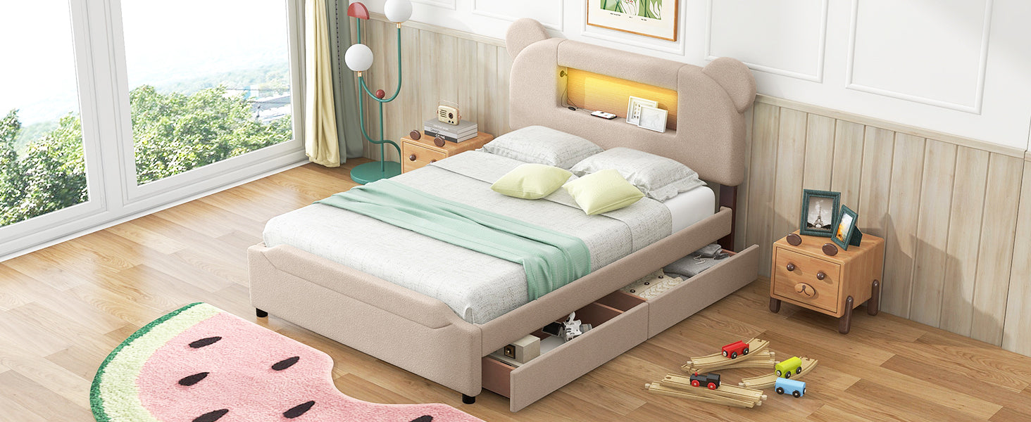 Full Size Upholstered Storage Platform Bed with Cartoon Ears Shaped Headboard, LED and USB, Beige - Atlantic Fine Furniture Melbourne FL