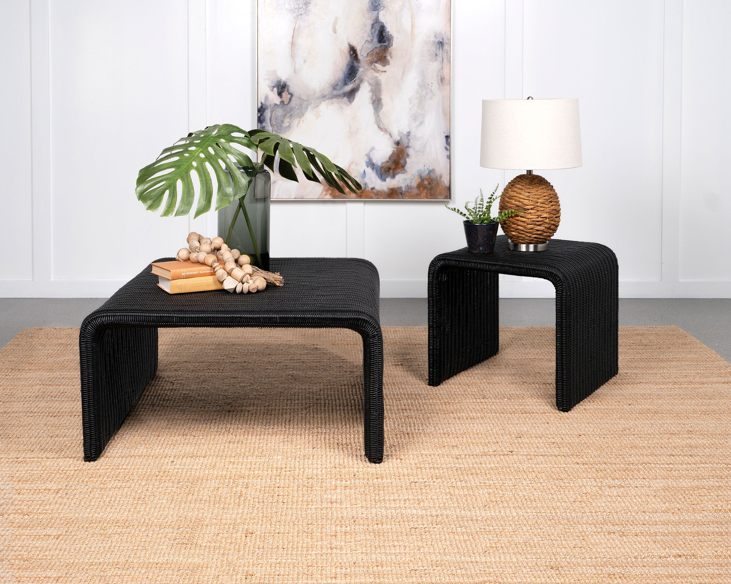 Cahya 2-piece Rattan Coffee and End Table Set Black — view 1