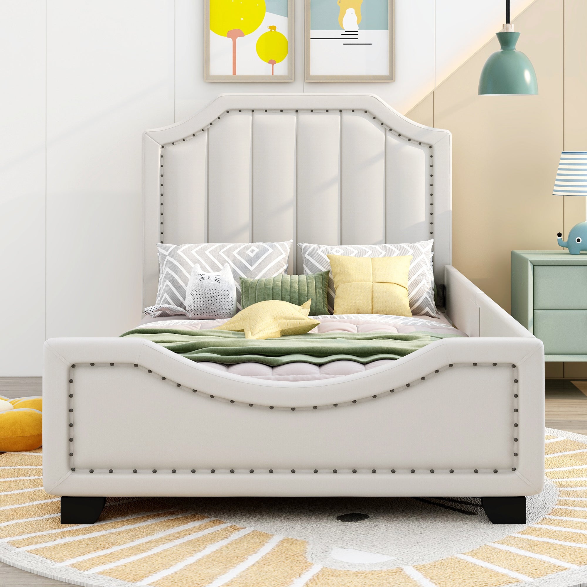 Twin Size Upholstered Platform Bed with Nailhead Trim Decoration and Guardrail, Beige - Atlantic Fine Furniture Melbourne FL