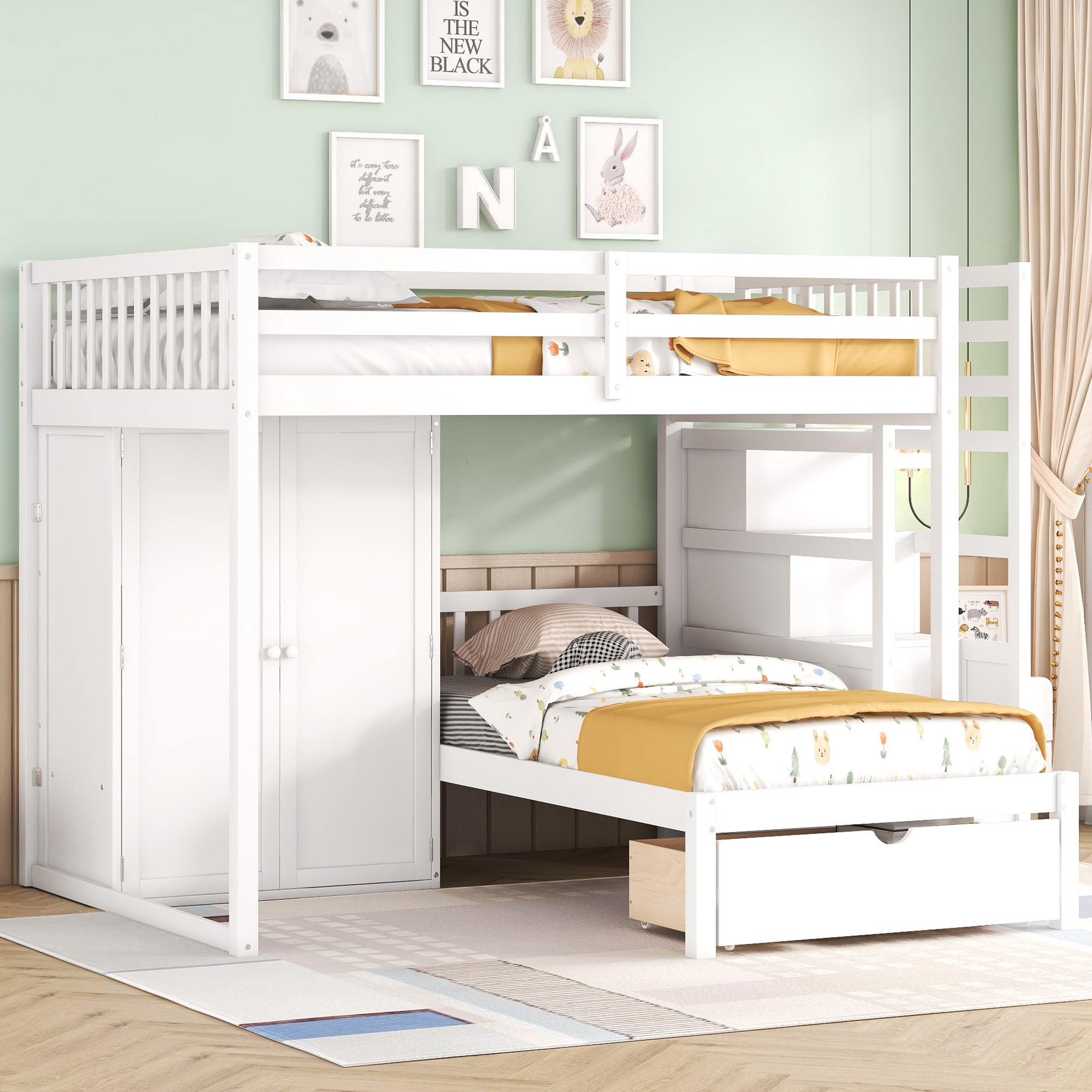 Full Over Twin Bunk Bed with Wardrobe, Drawers, White - Atlantic Fine Furniture Melbourne FL