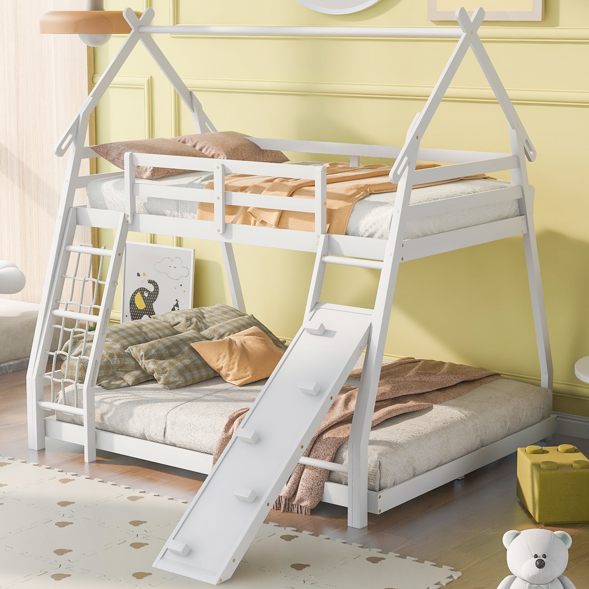 Twin over Queen House Bunk Bed with Climbing Nets and Climbing Ramp, White - Atlantic Fine Furniture Melbourne FL