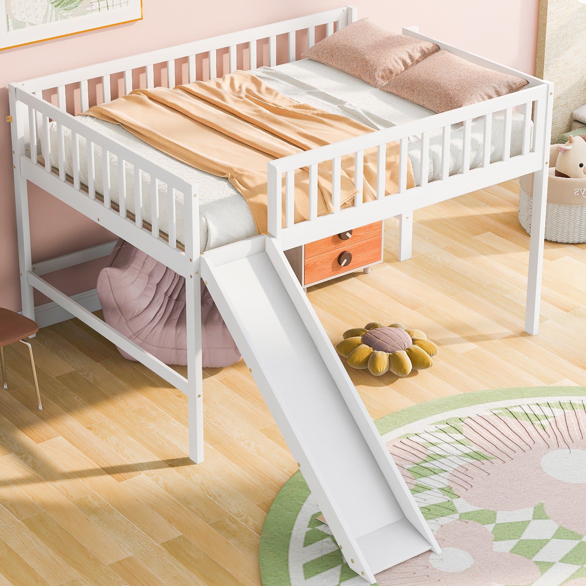 Full Size Low Loft Bed with Ladder and Slide,White - Atlantic Fine Furniture Melbourne FL