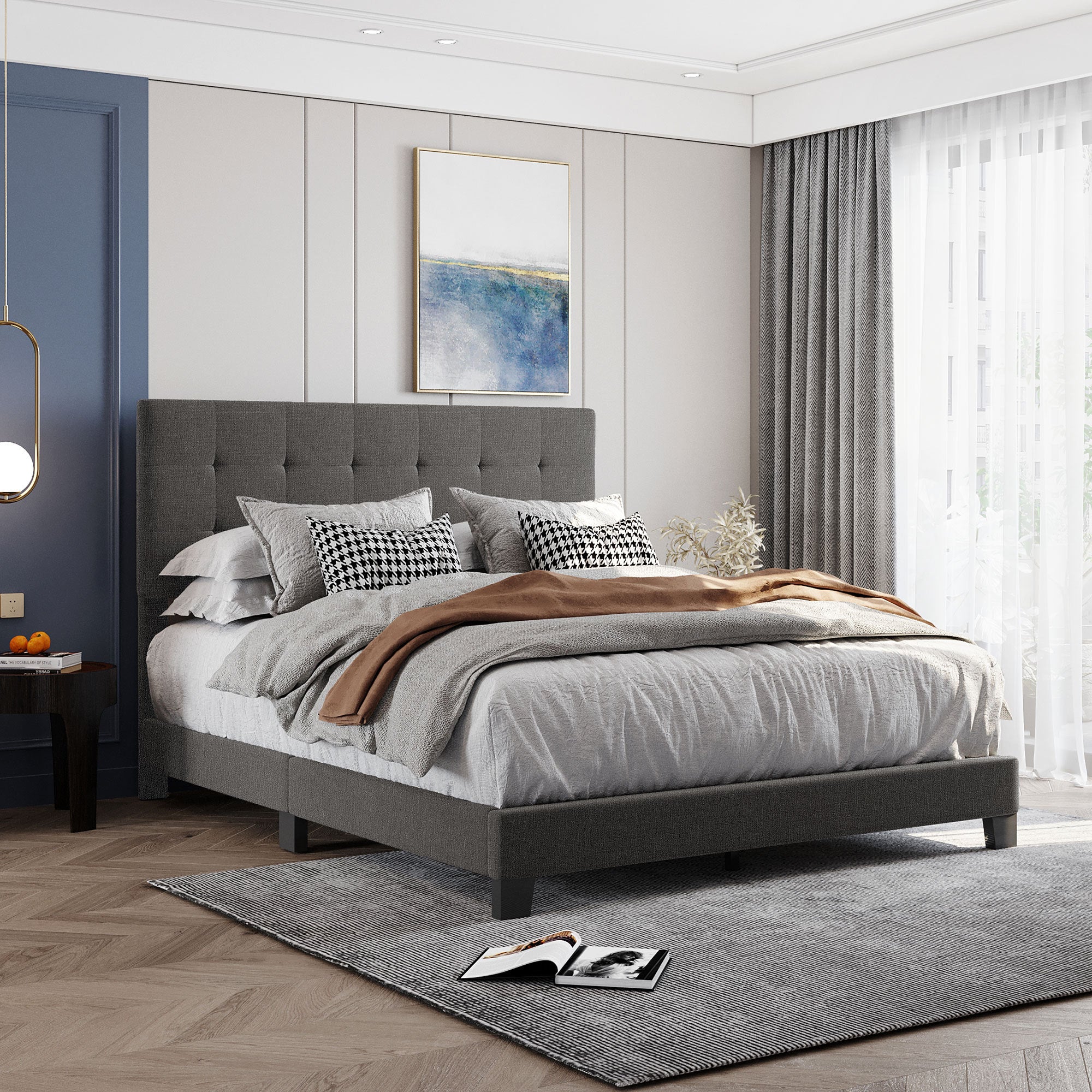 Upholstered Platform Bed with Tufted Headboard, Box Spring Needed, Gray Linen Fabric, Queen Size - Atlantic Fine Furniture Melbourne FL