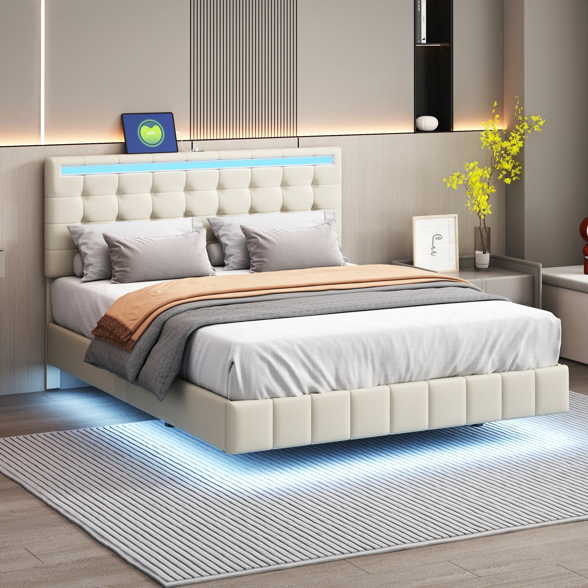 Queen Size Floating Bed Frame with LED Lights and USB Charging,Modern Upholstered Platform LED Bed Frame,Beige - Atlantic Fine Furniture Melbourne FL