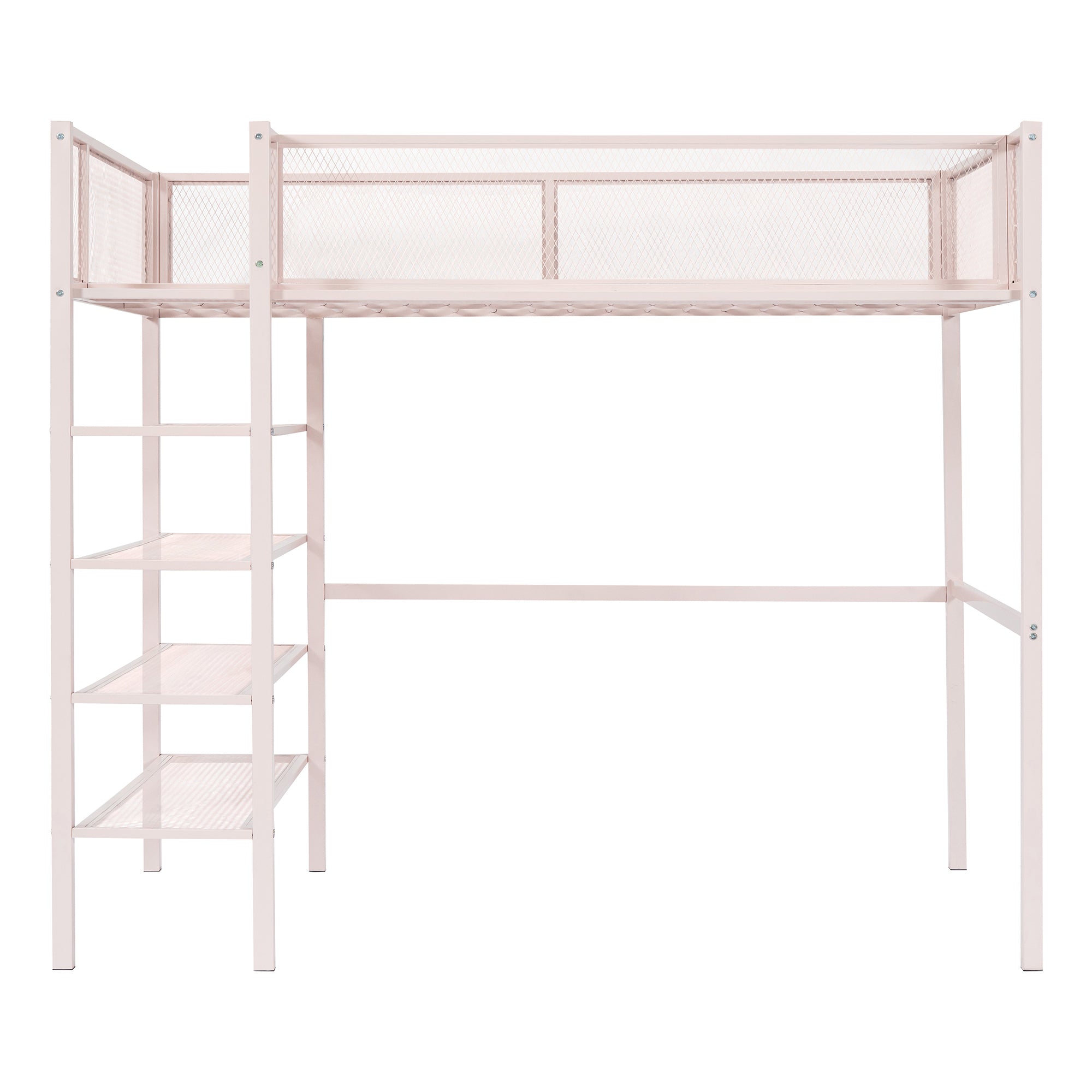 Twin Size Metal Loft Bed with 4-Tier Shelves and Storage, Pink - Atlantic Fine Furniture Melbourne FL