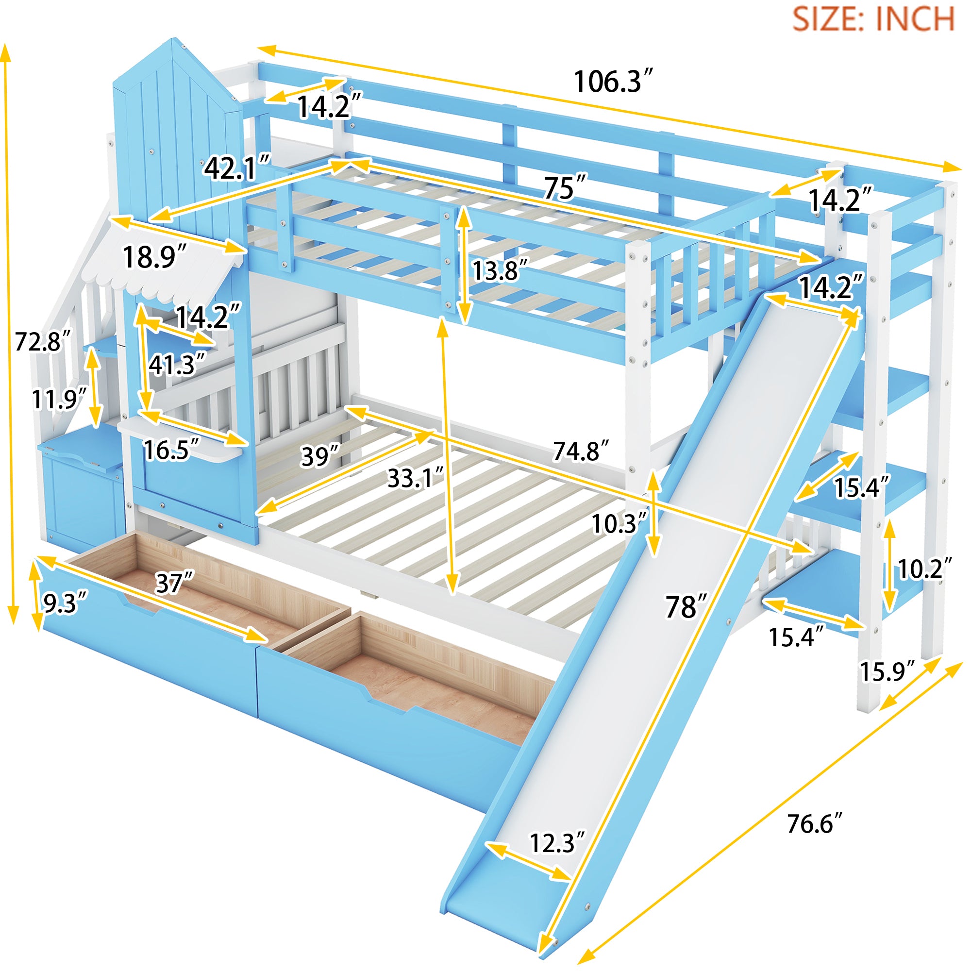 Twin-Over-Twin Castle Style Bunk Bed with 2 Drawers 3 Shelves and Slide - Blue - Atlantic Fine Furniture Melbourne FL