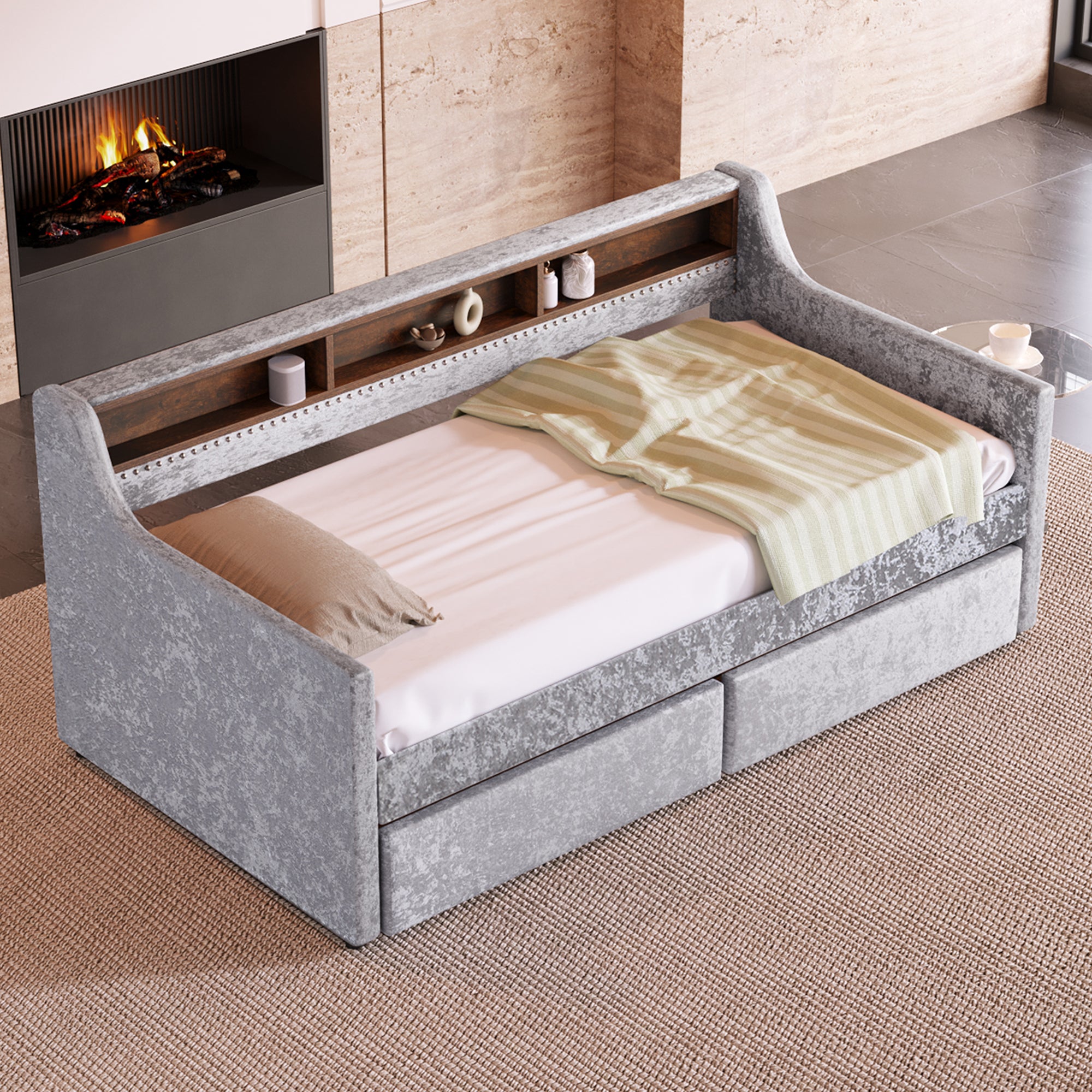 Twin Size Snowflake Velvet Daybed with Two Storage Drawers and Built-in Storage Shelves,Gray - Atlantic Fine Furniture Melbourne FL
