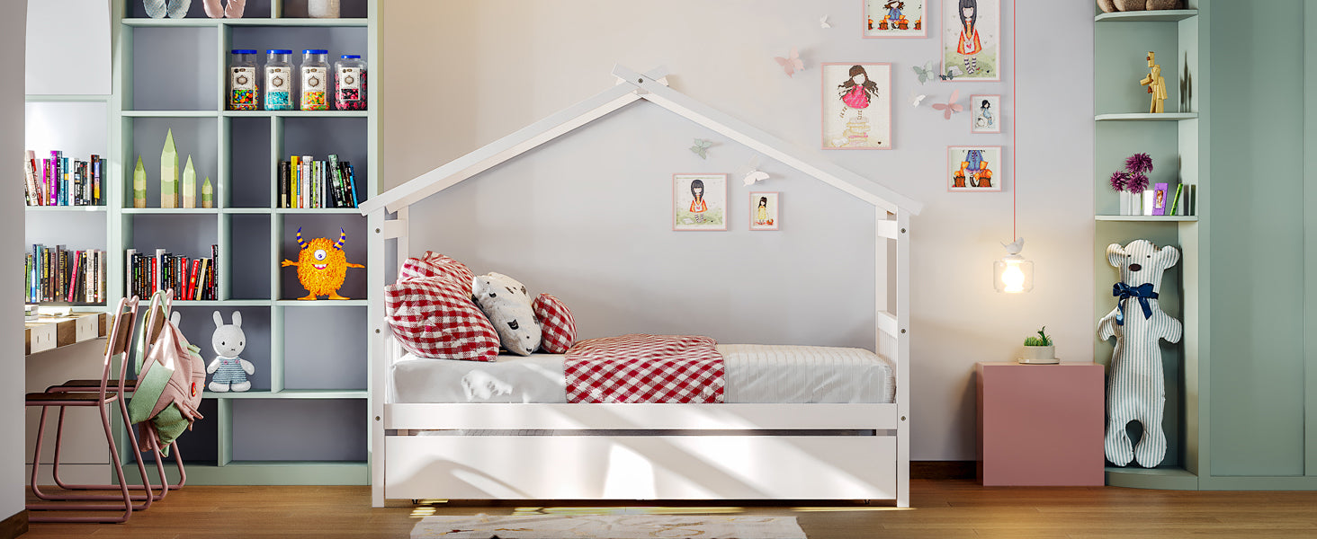 Full Size Wooden House Bed with Twin Size Trundle, White - Atlantic Fine Furniture Melbourne FL
