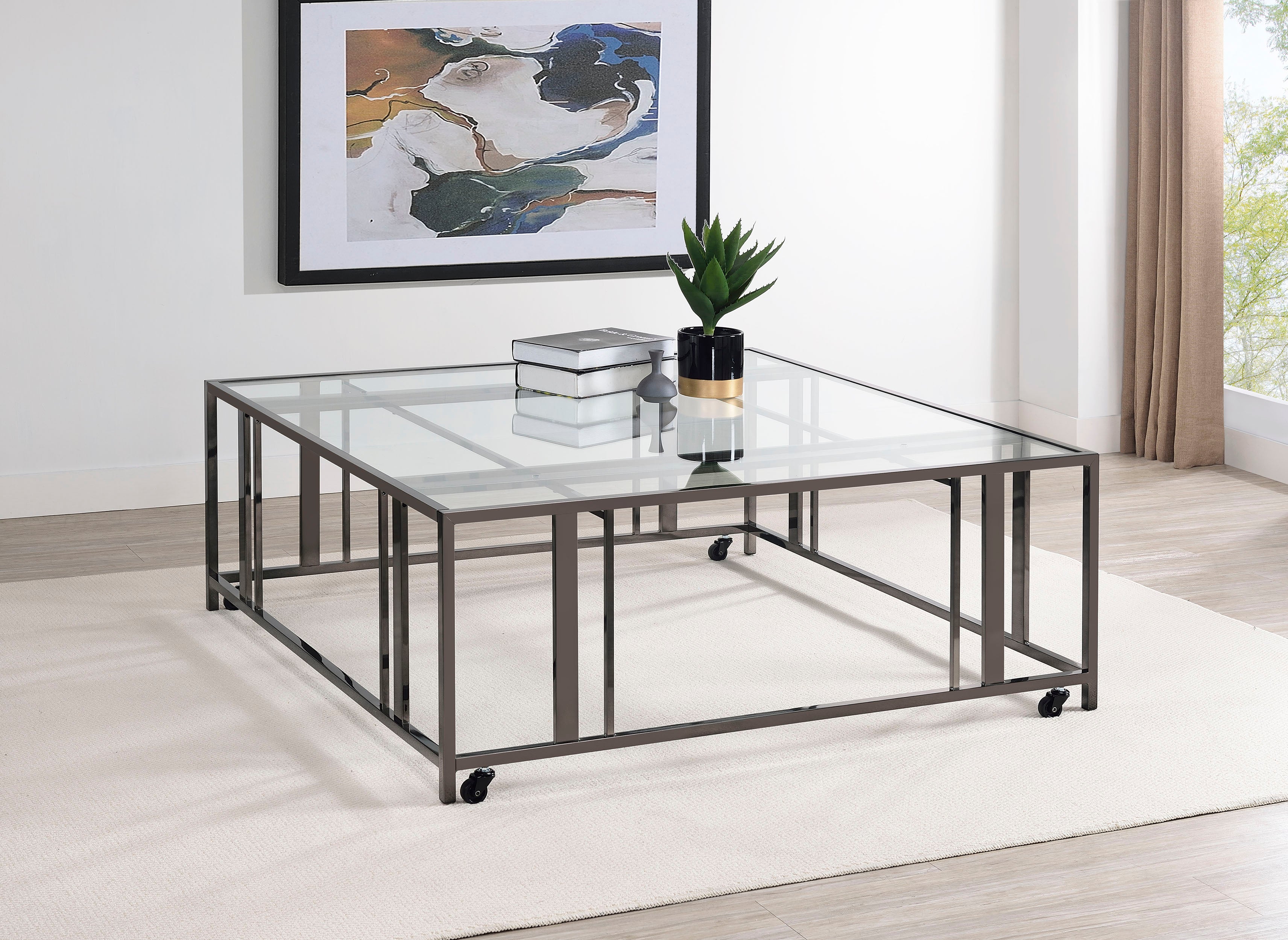 Adri Square Glass Top Coffee Table with Casters Black Nickel — view 2