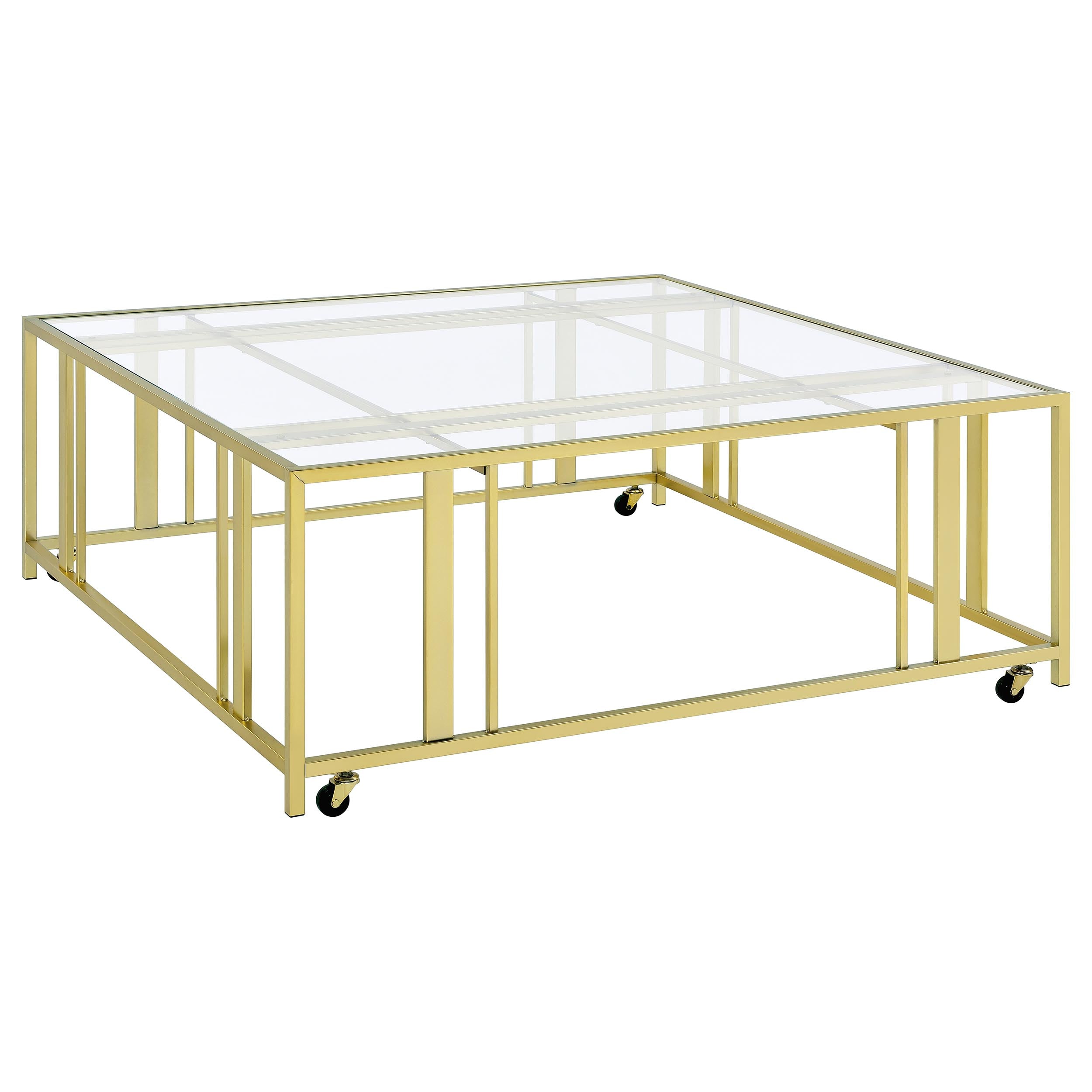 Adri Square Glass Top Coffee Table with Casters Matte Brass — view 1