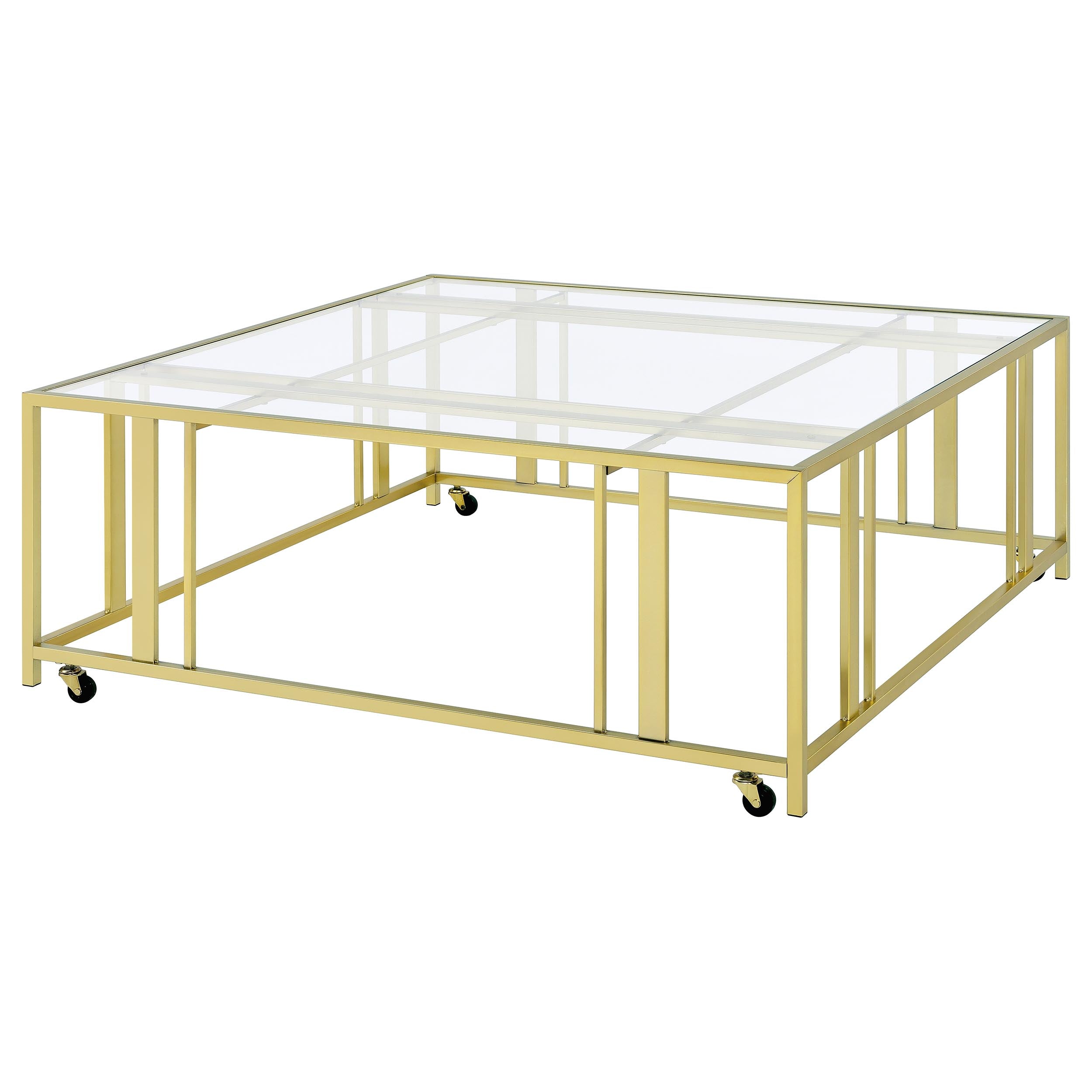 Adri Square Glass Top Coffee Table with Casters Matte Brass — view 4