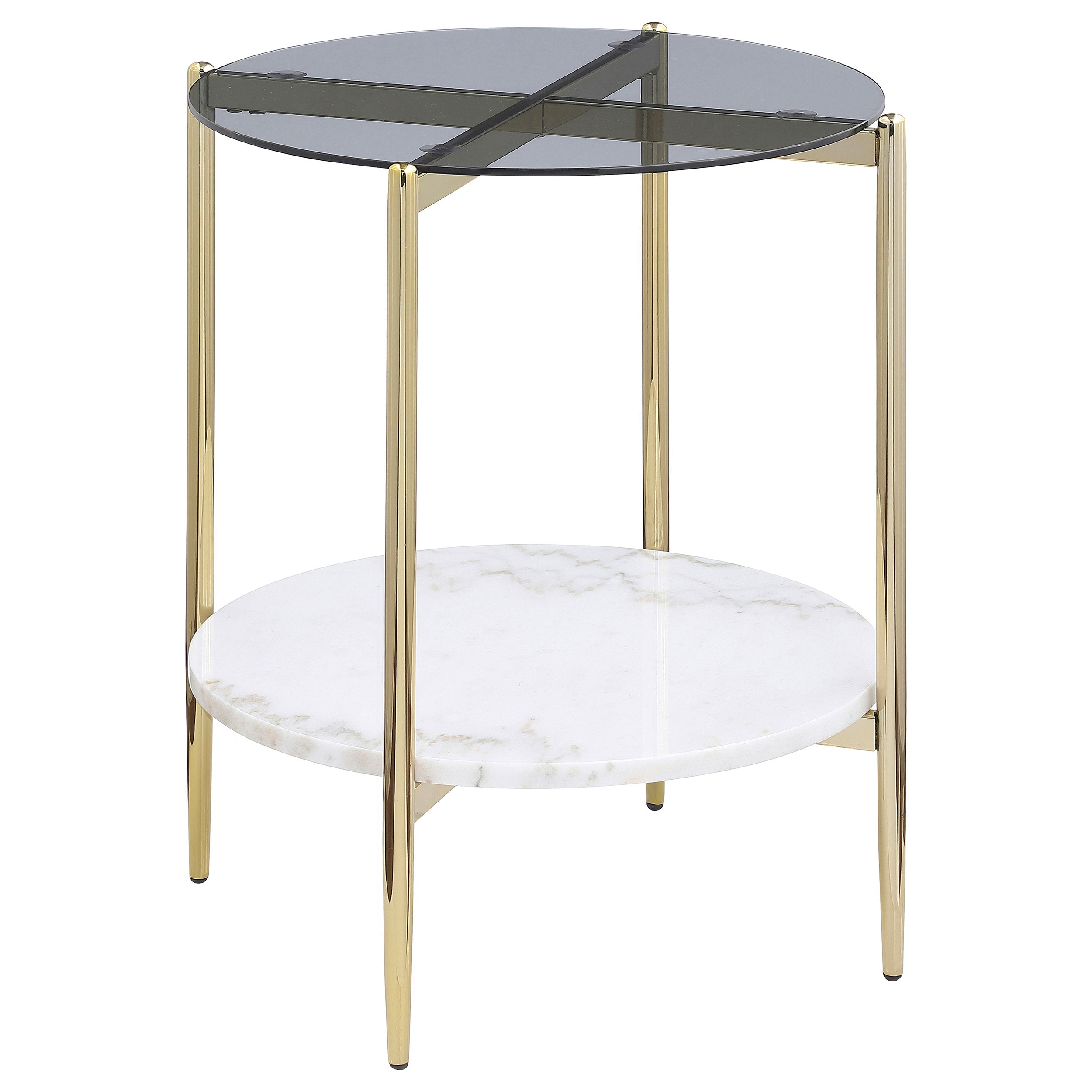 Jonelle Round Glass Top End Table White Marble Shelf Gold — view 1