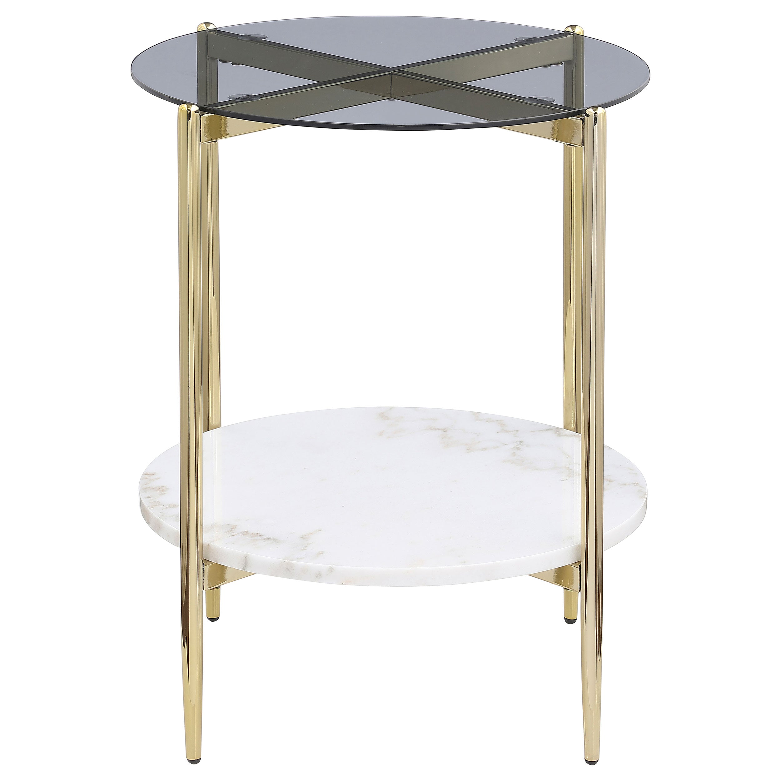 Jonelle Round Glass Top End Table White Marble Shelf Gold — view 3