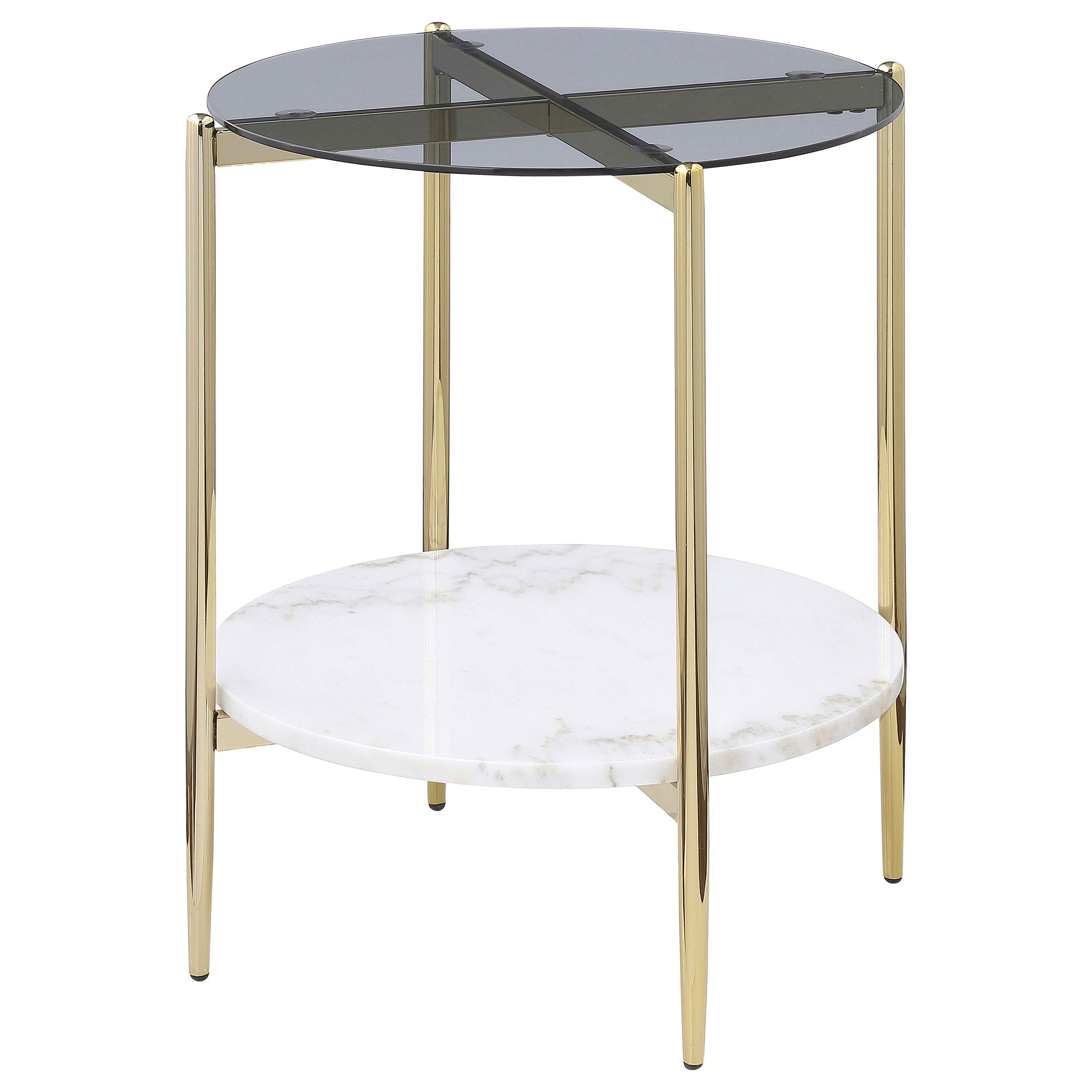 Jonelle Round Glass Top End Table White Marble Shelf Gold — view 4