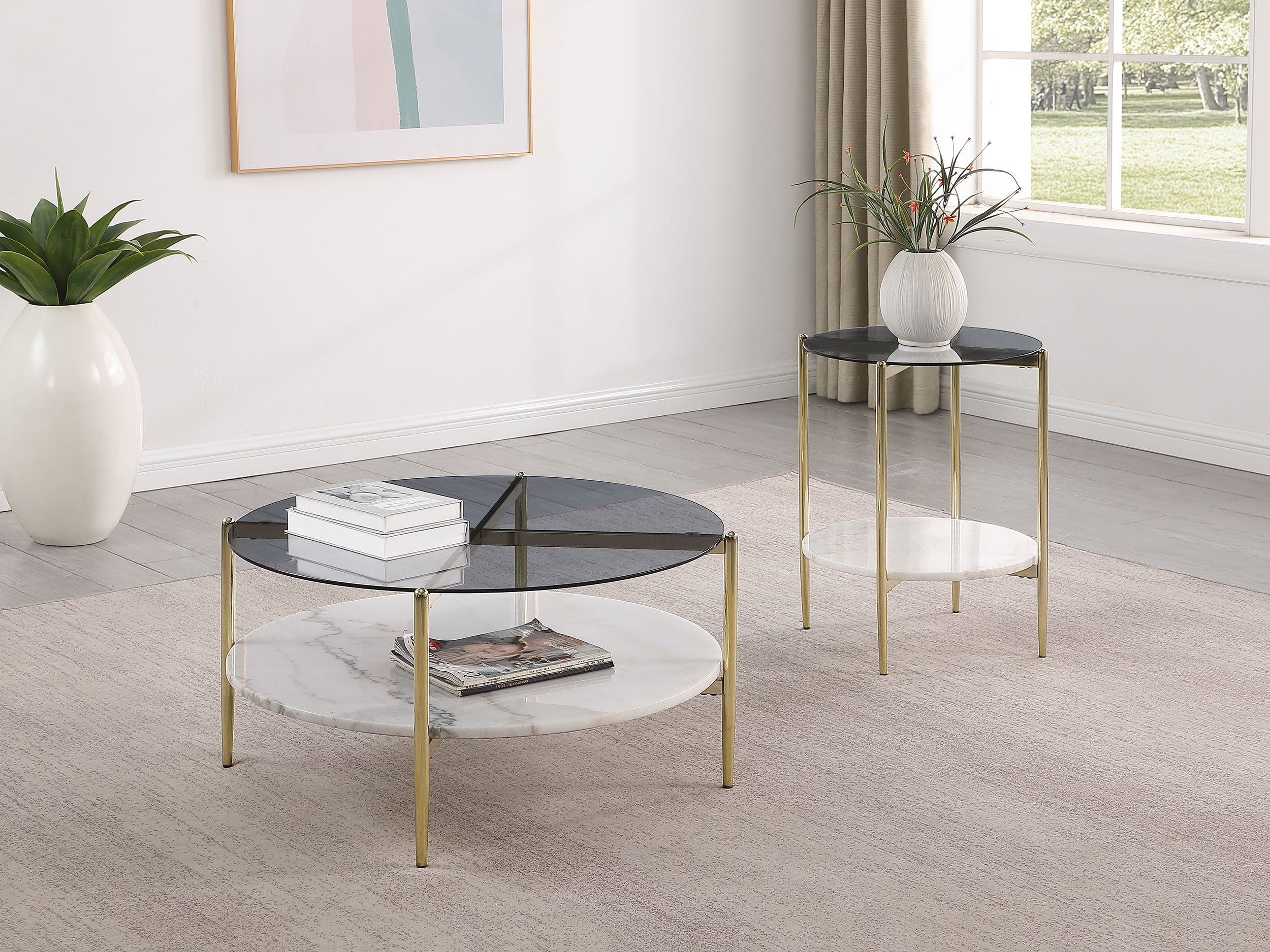 Jonelle Round Glass Top End Table White Marble Shelf Gold — view 9