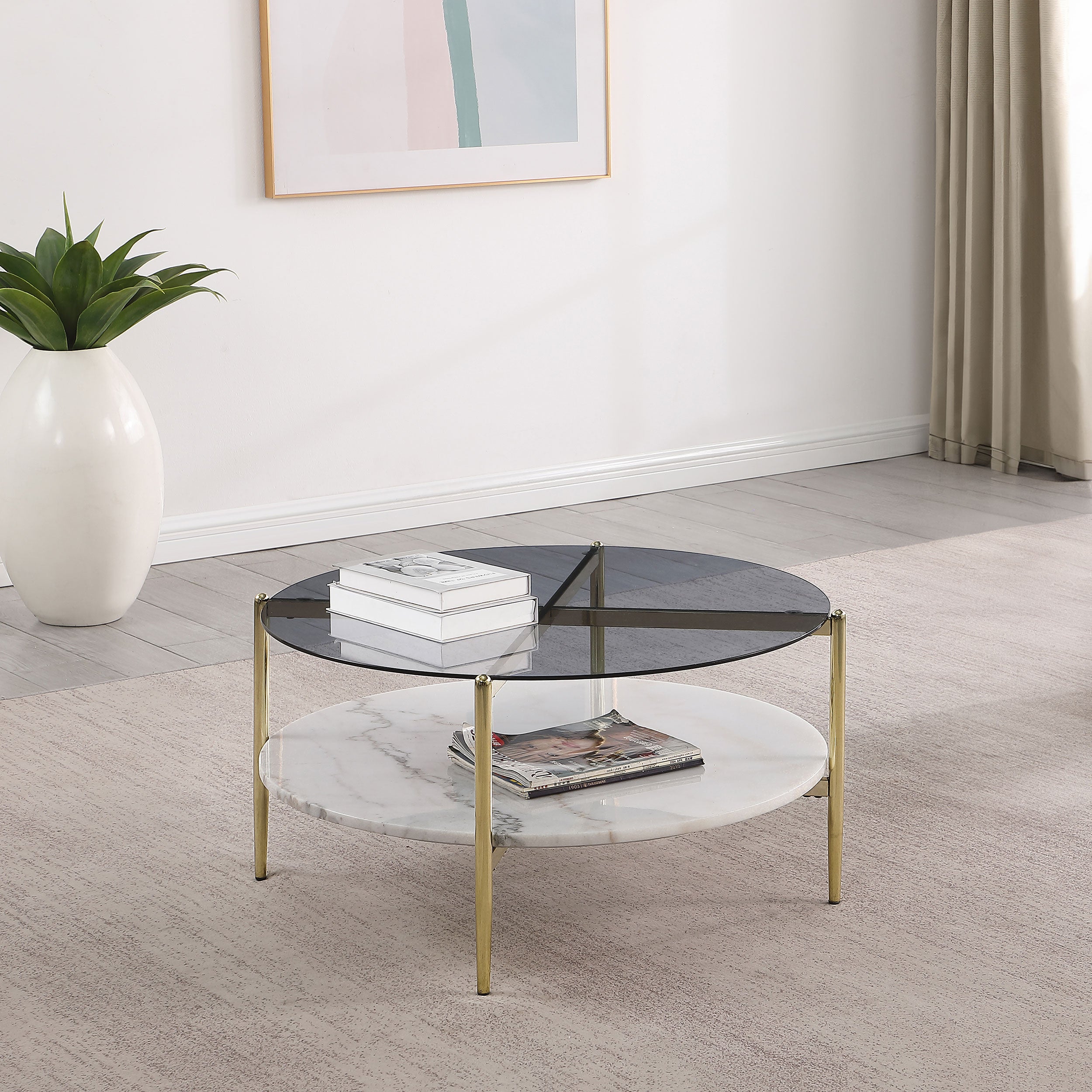 Jonelle Round Glass Top Coffee Table White Marble Shelf Gold — view 2