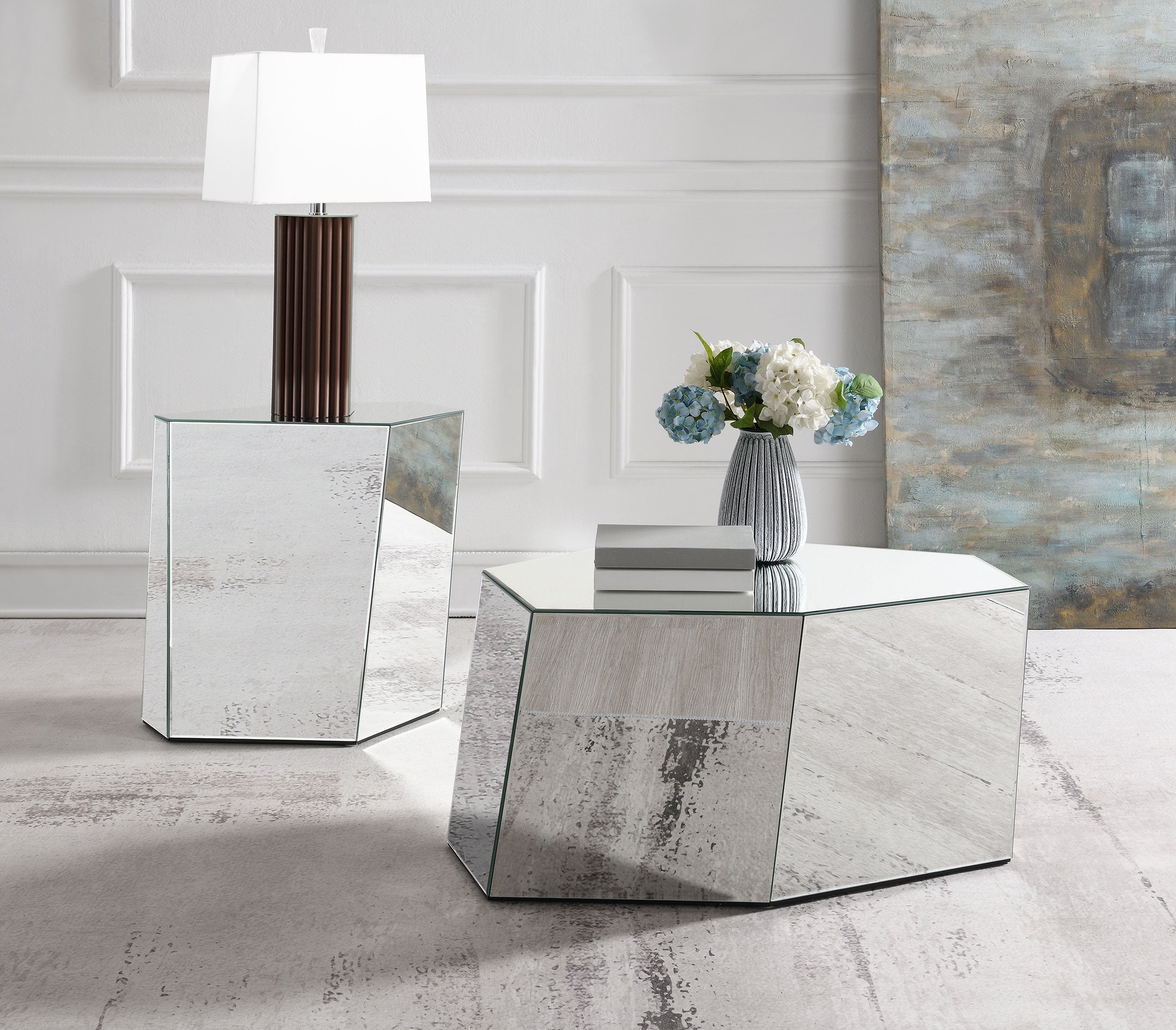 Capella Mirrored Abstract Geometric End Table Silver — view 7