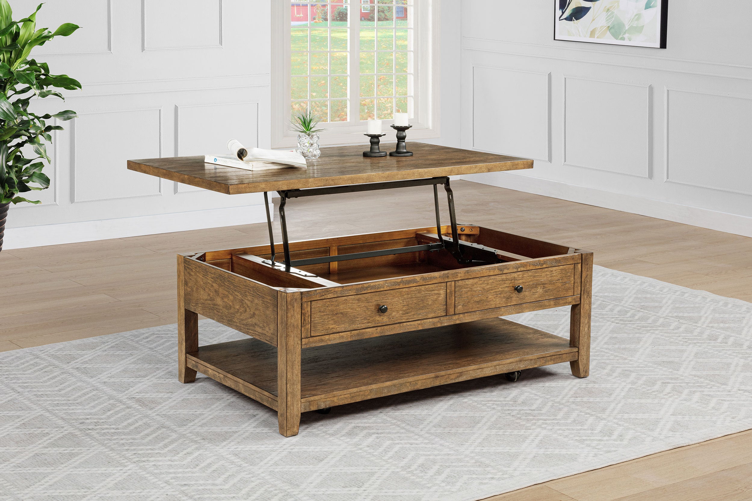 Payne 48-inch Mobile Lift Top Coffee Table Distressed Brown — view 3