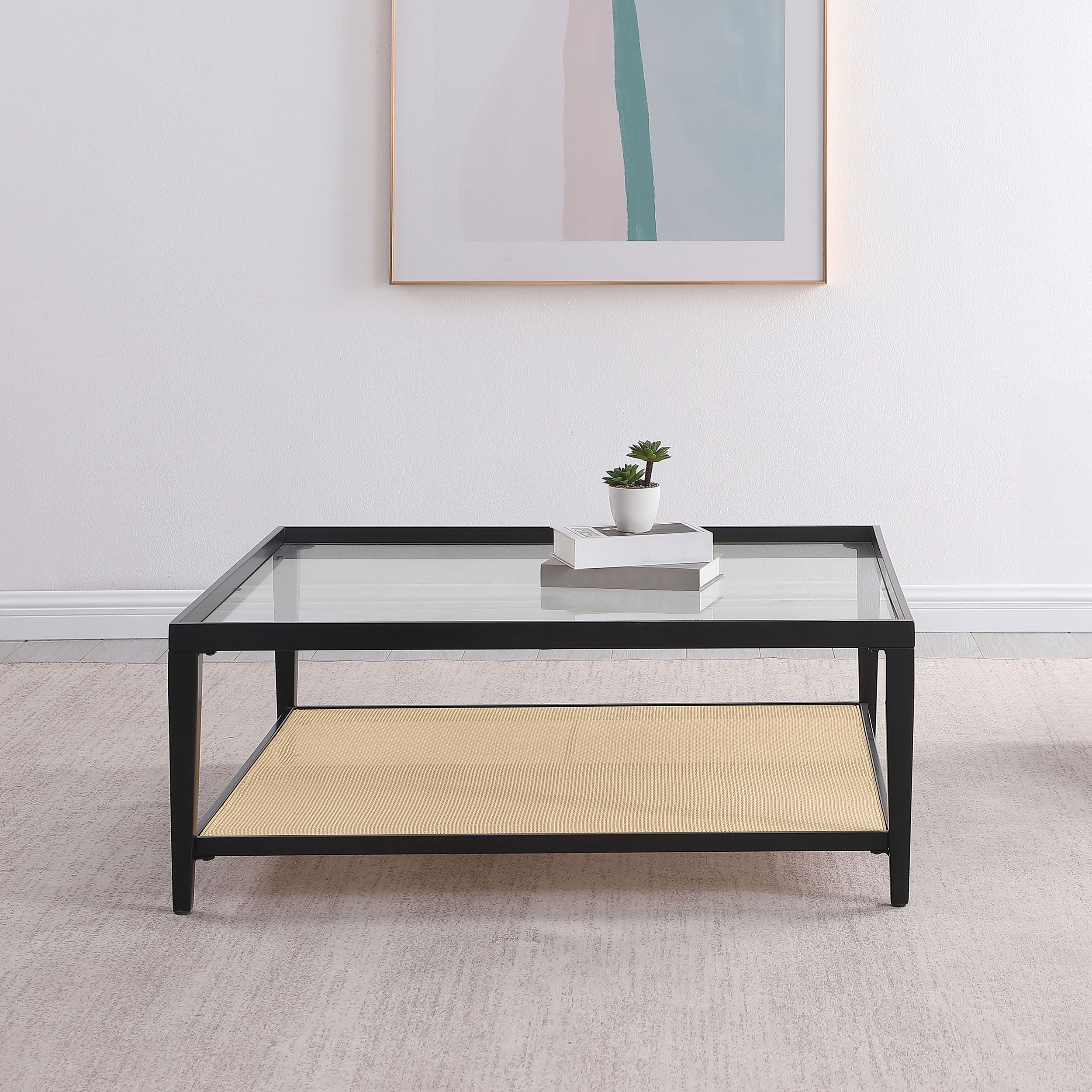 Amherst Glass Top Metal with Cane Shelf Coffee Table Black — view 2