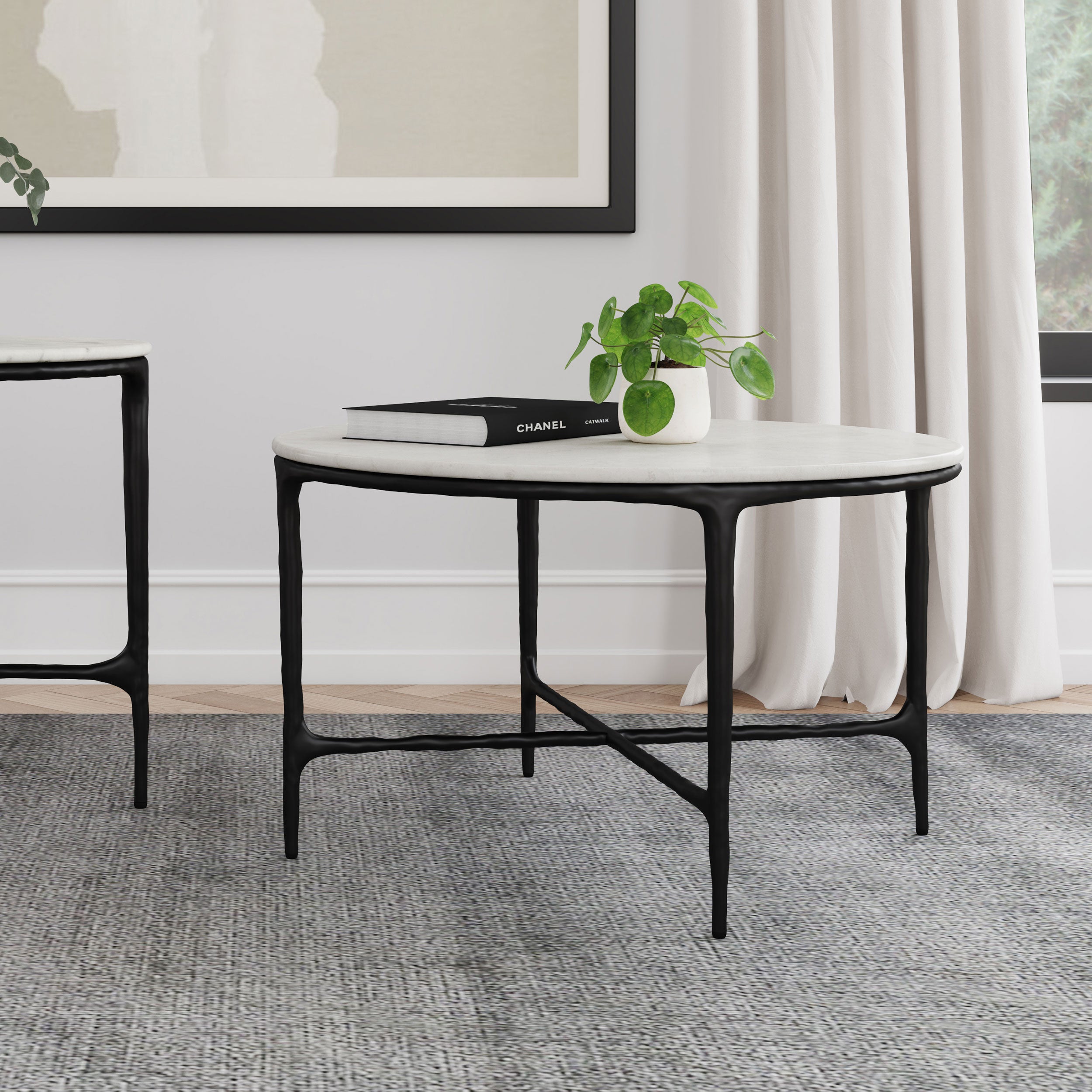 Hermas Round Genuine Marble Top Metal Coffee Table White — view 2