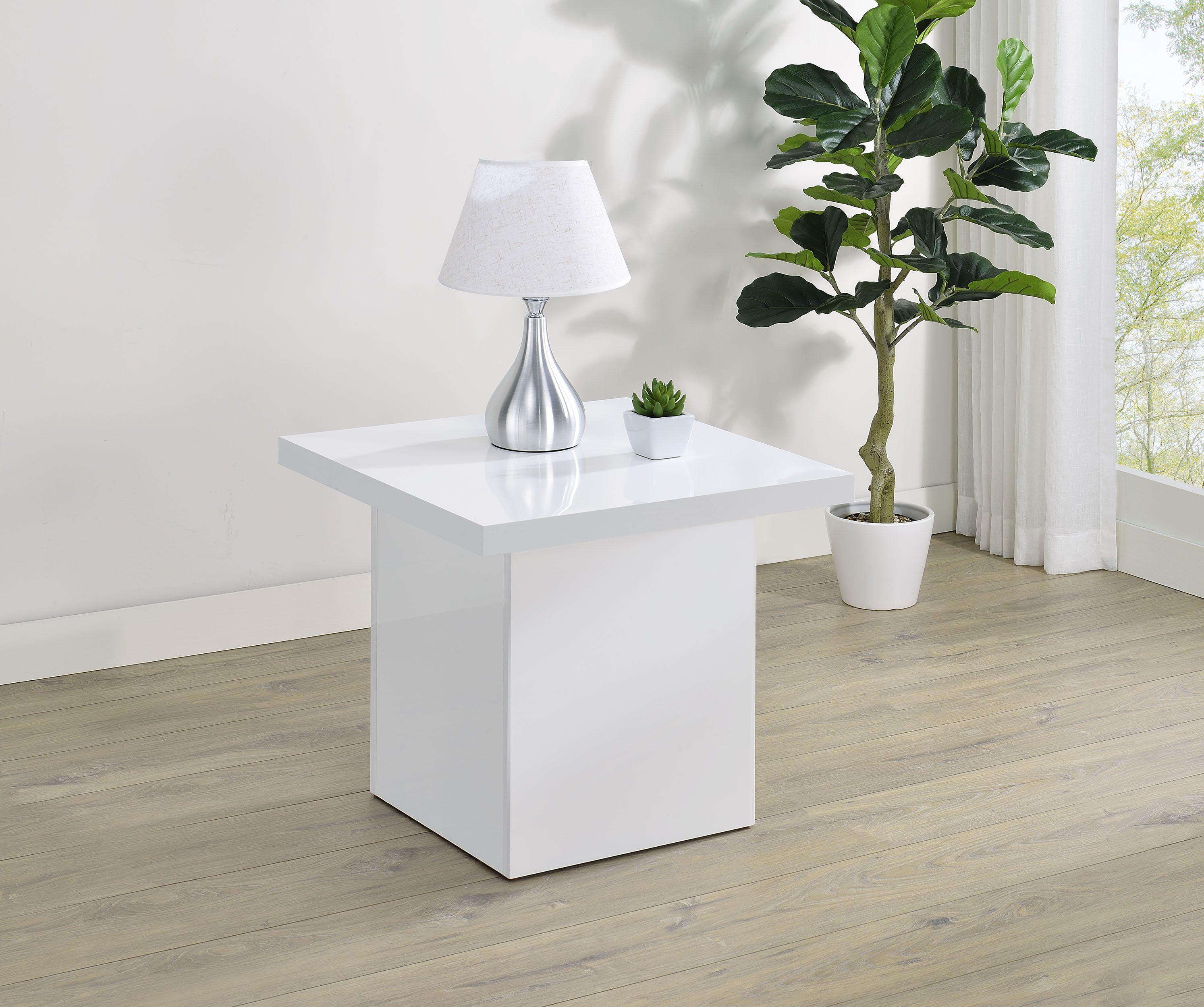 Devar Square Engineered Wood Side End Table White High Gloss — view 2