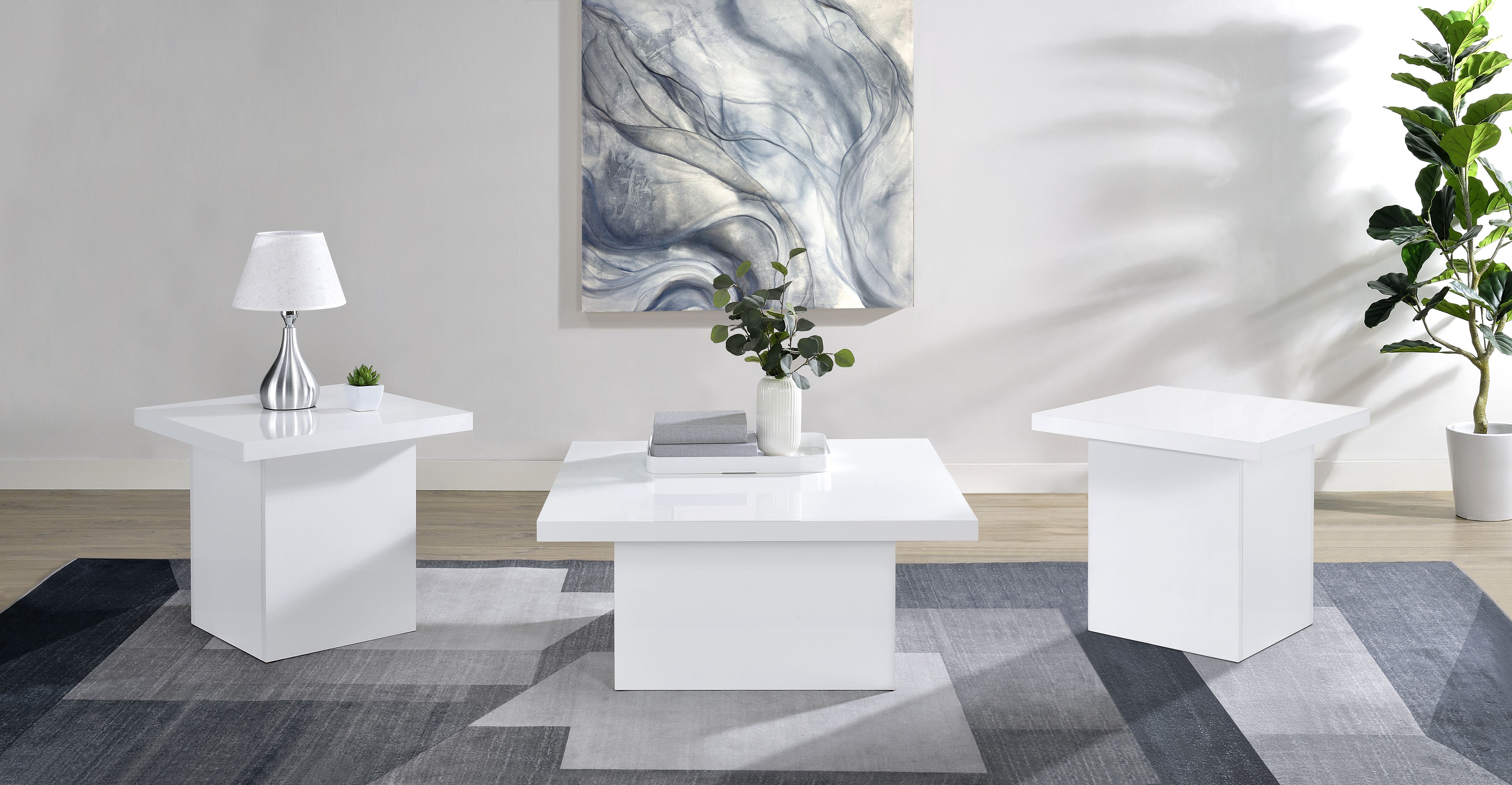 Devar 3-piece Square Coffee End Table Set White High Gloss — view 1