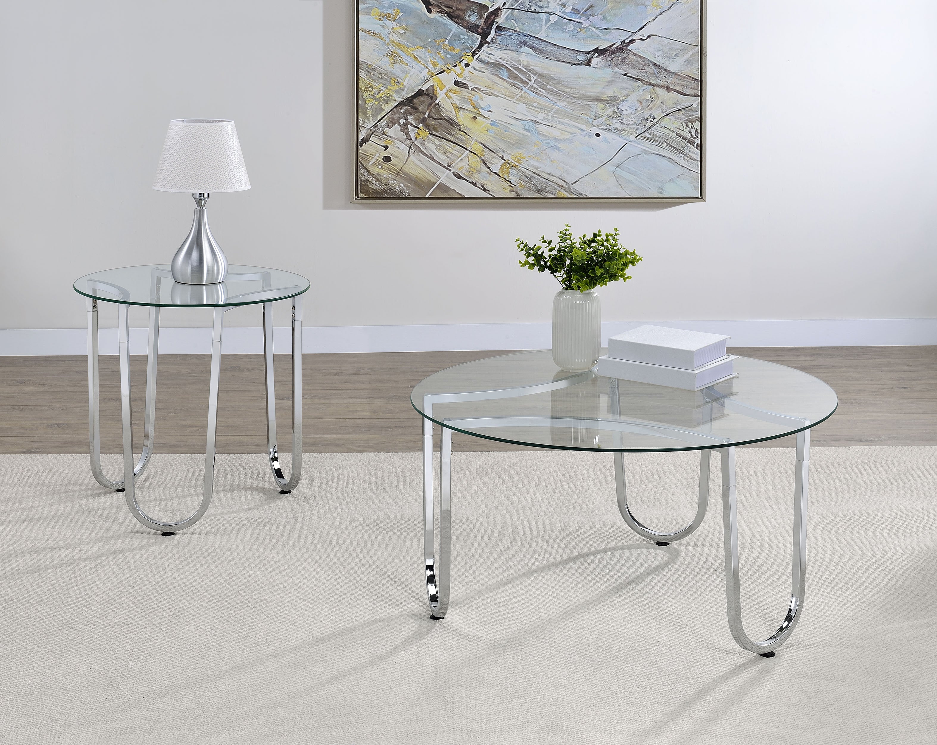 Beller 2-piece Round Tempered Glass Top Coffee Table Set Chrome — view 1