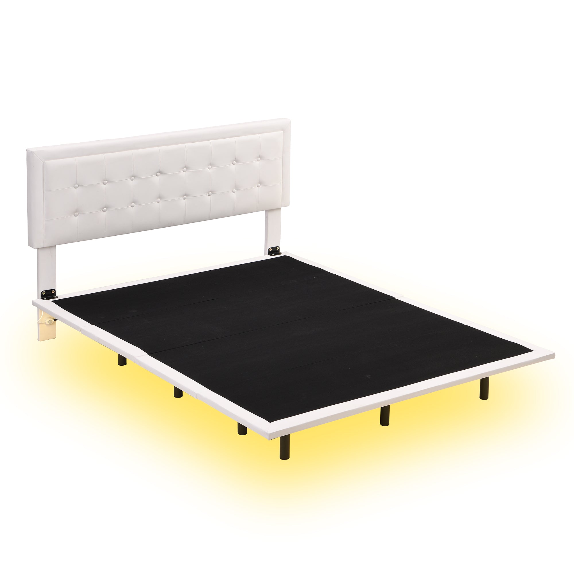 Queen Size Floating Bed Frame with Motion Activated Night Lights,Modern PU Upholstered Button Tufted Platform Bed Frame,White - Atlantic Fine Furniture Melbourne FL