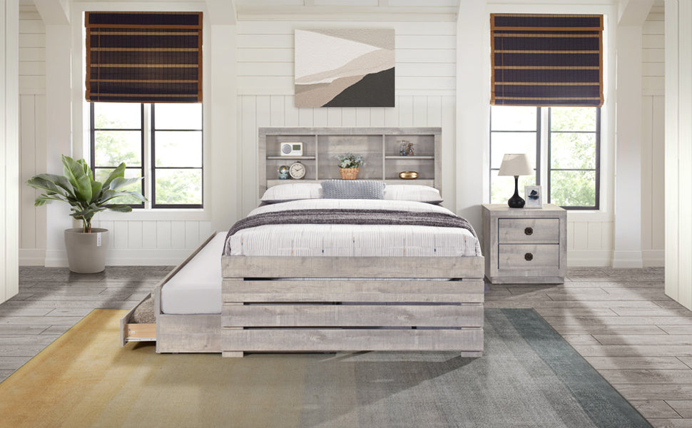 Farmhouse Style Twin Size Bookcase Captain Bed with Three Drawers and Trundle, Rustic White - Atlantic Fine Furniture Melbourne FL