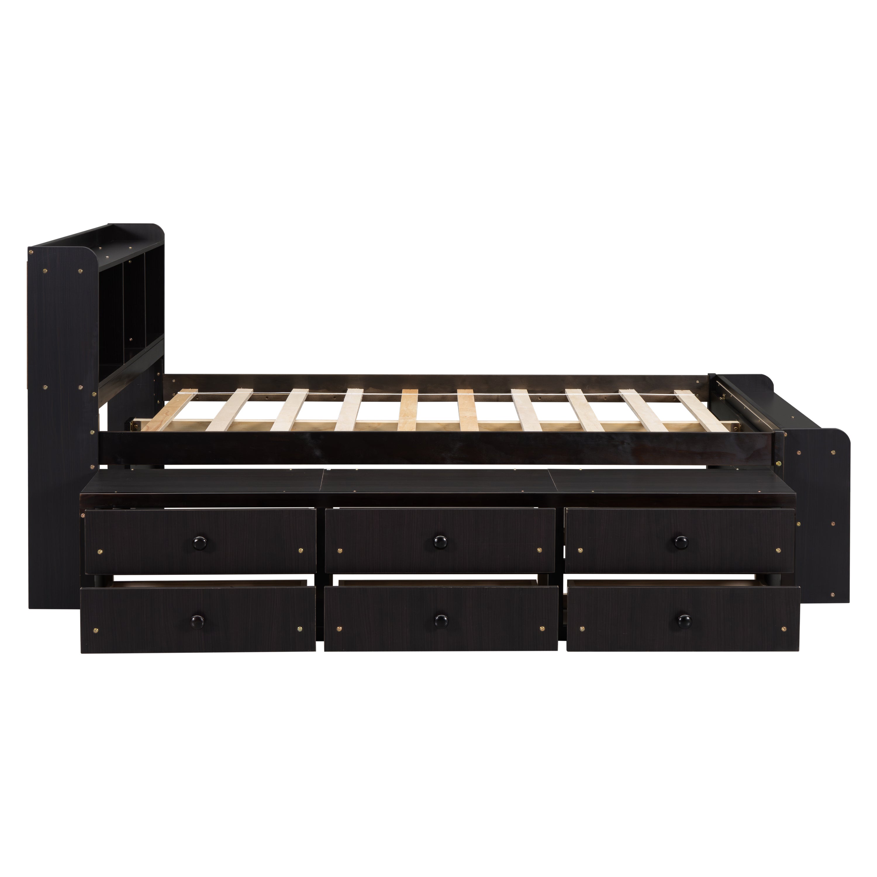 Full Bed with Bookcase Headboard, Under bed Storage Drawers and Bed End Storage Case,Espresso