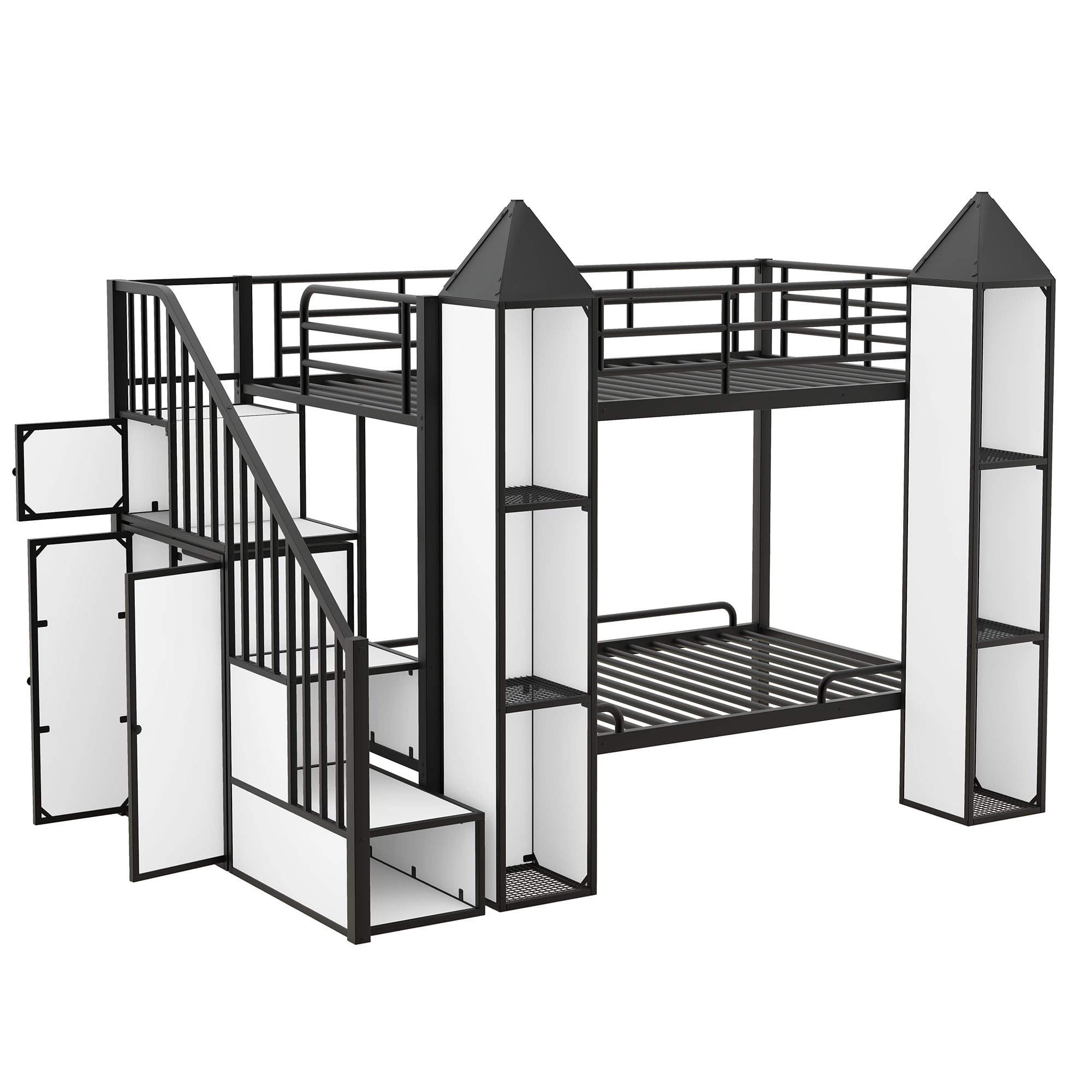 Metal Twin over Twin Castle-shaped Bunk Bed with Wardrobe and Multiple Storage, Black+White - Atlantic Fine Furniture Melbourne FL