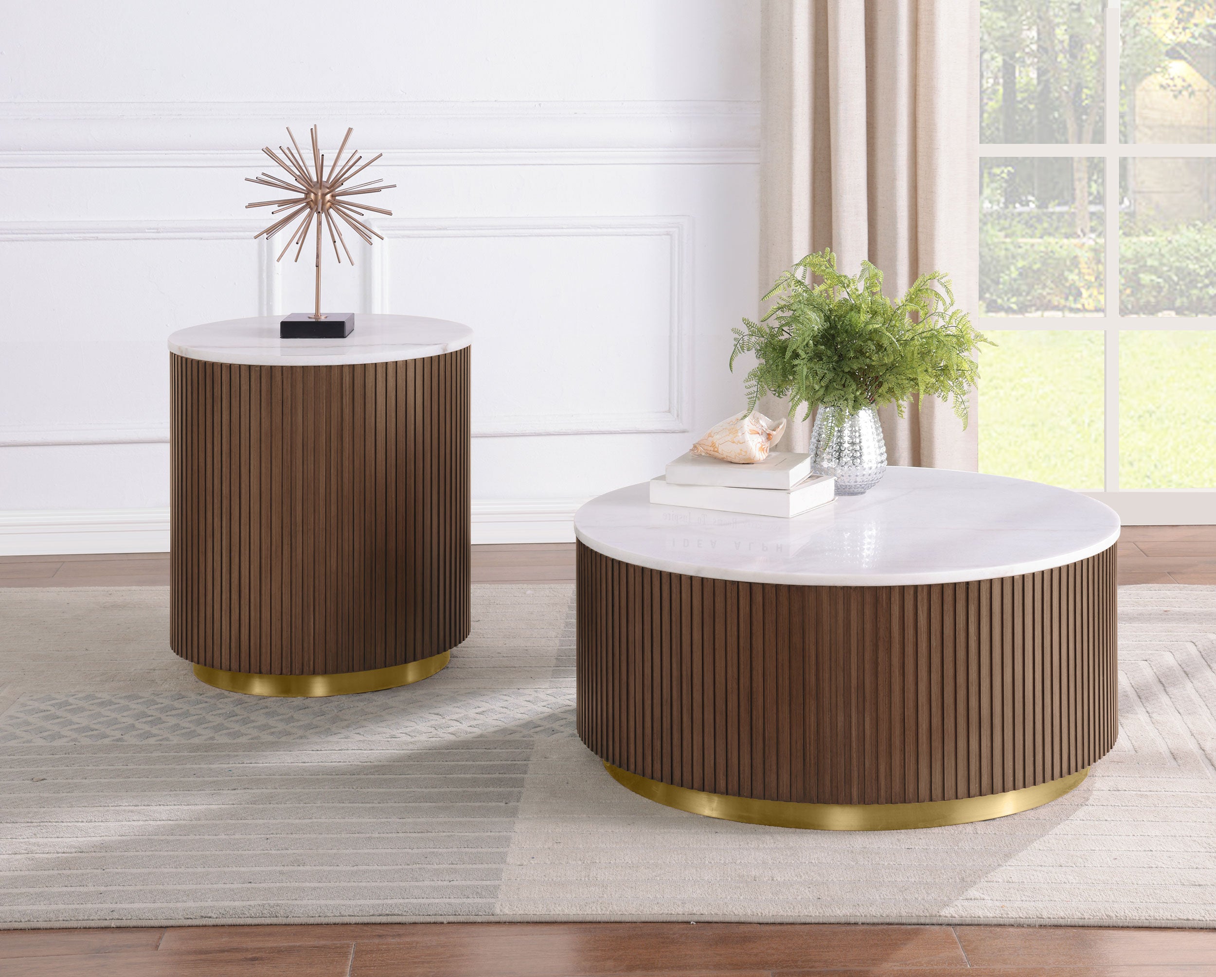 Jason 2-piece Round White Marble Coffee Table Set Honey Brown — view 1