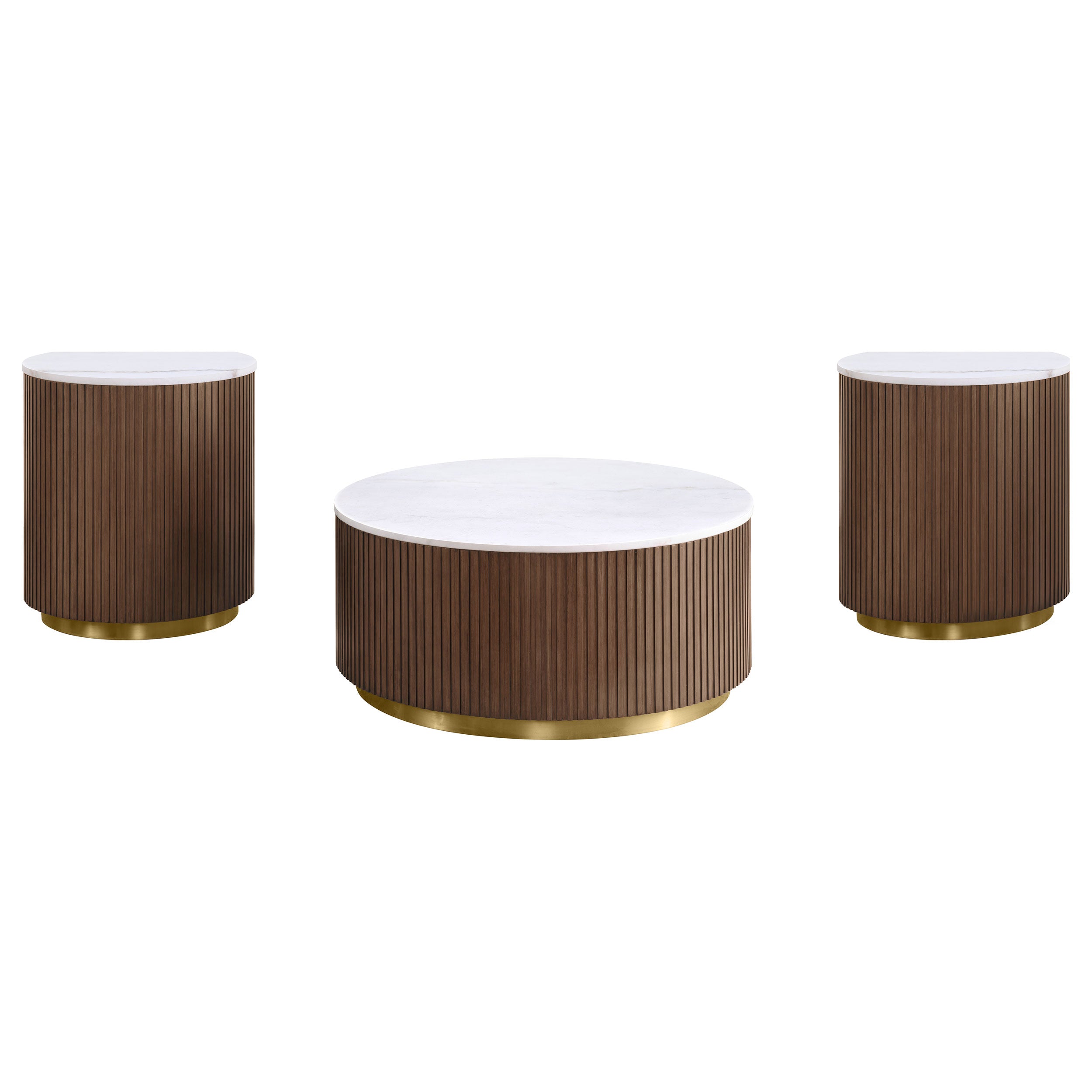 Jason 3-piece Round White Marble Coffee Table Set Honey Brown — view 2