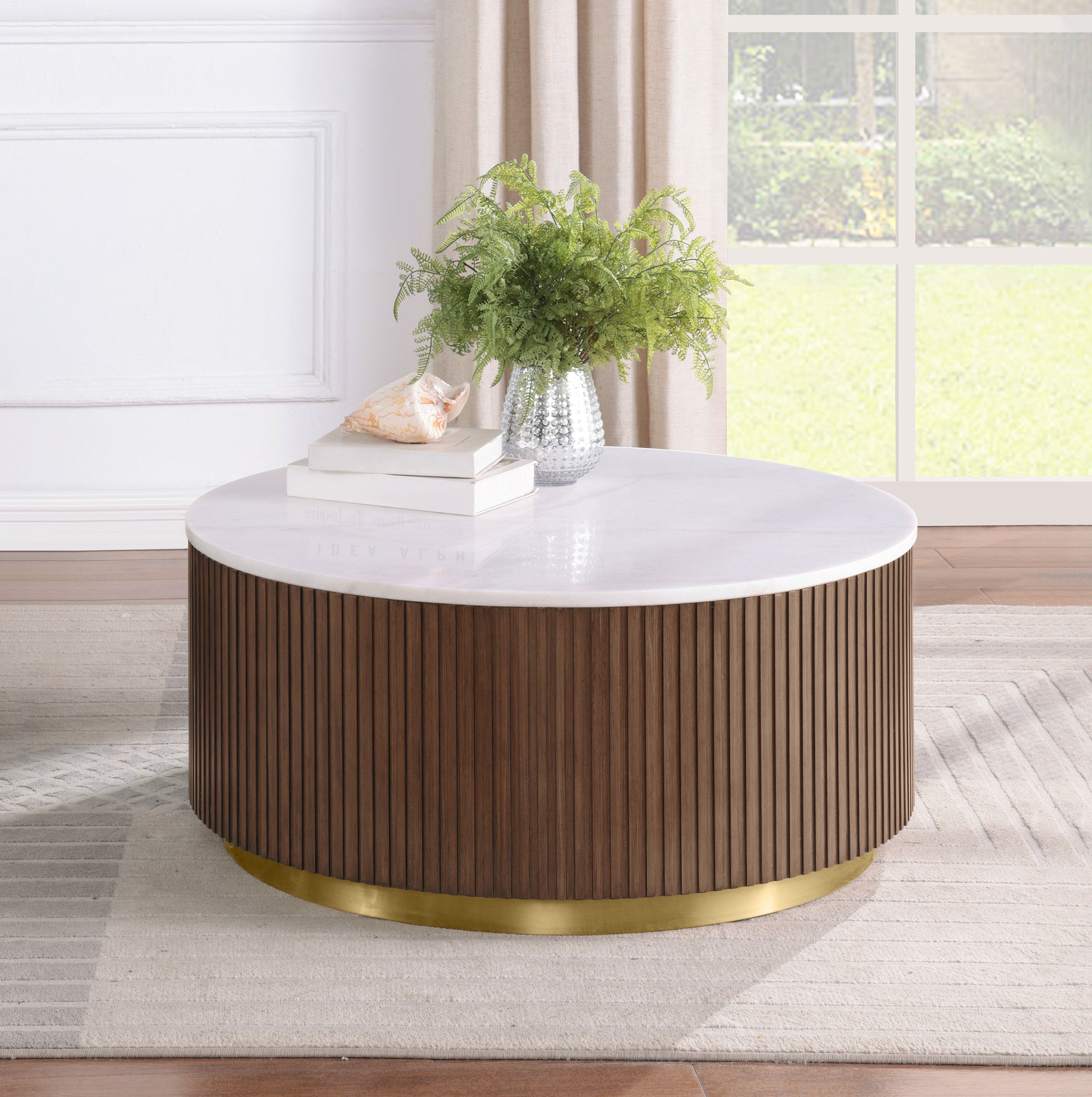 Jason Round White Marble Top Coffee Table Honey Brown — view 2