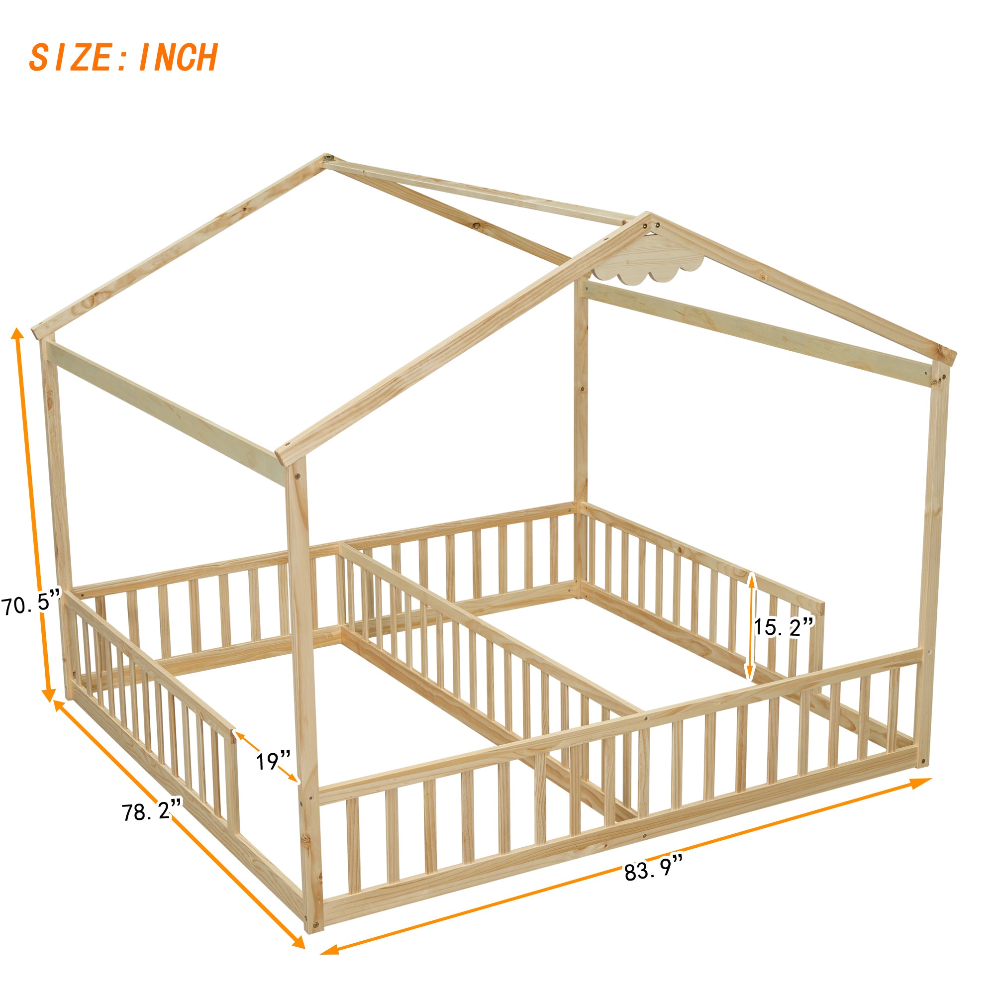Double Twin House-Style Floor Bed with Fence, Guardrails, without door, Natural