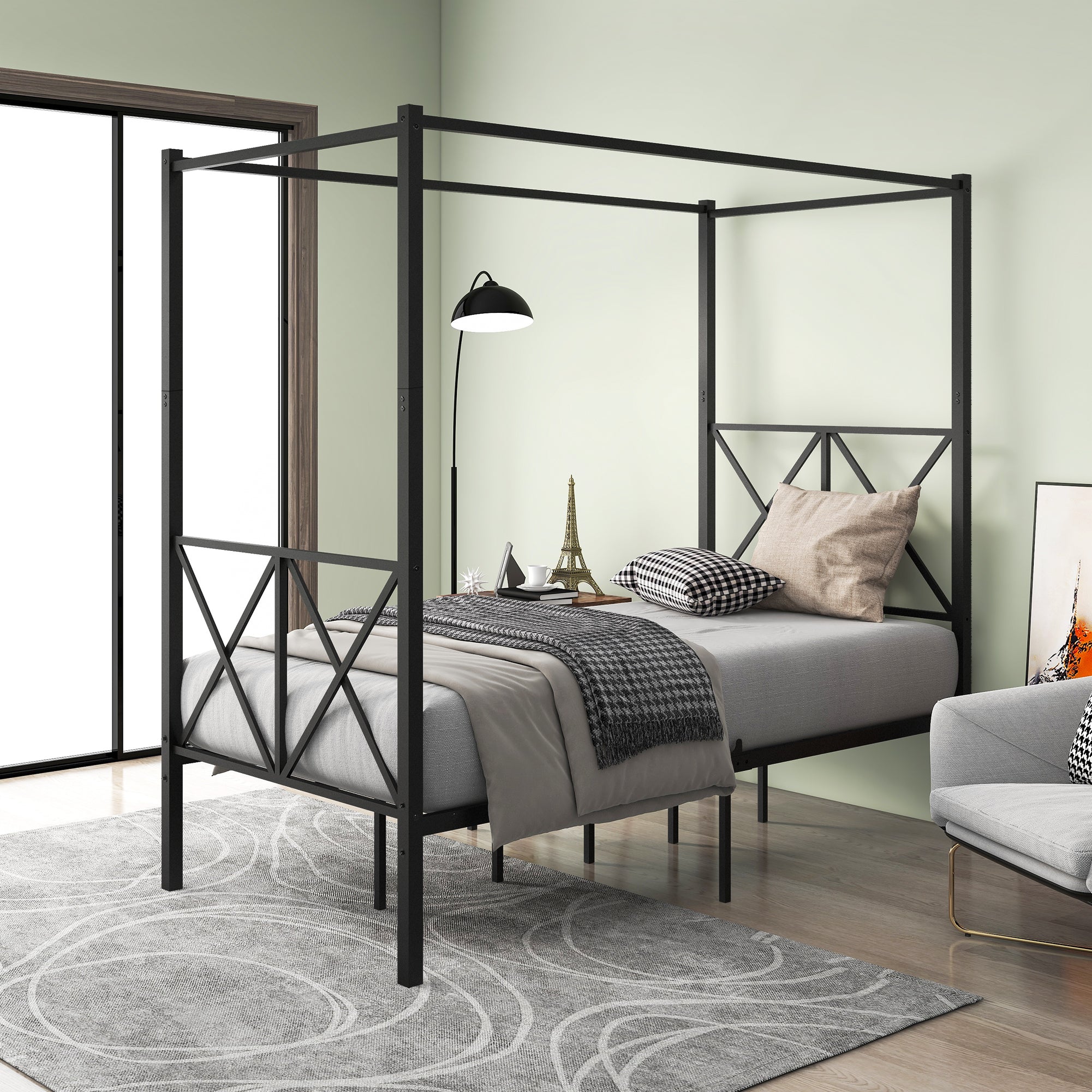 Twin Size Metal Canopy Bed Frame, Platform Bed Frame with X Shaped Frame Black