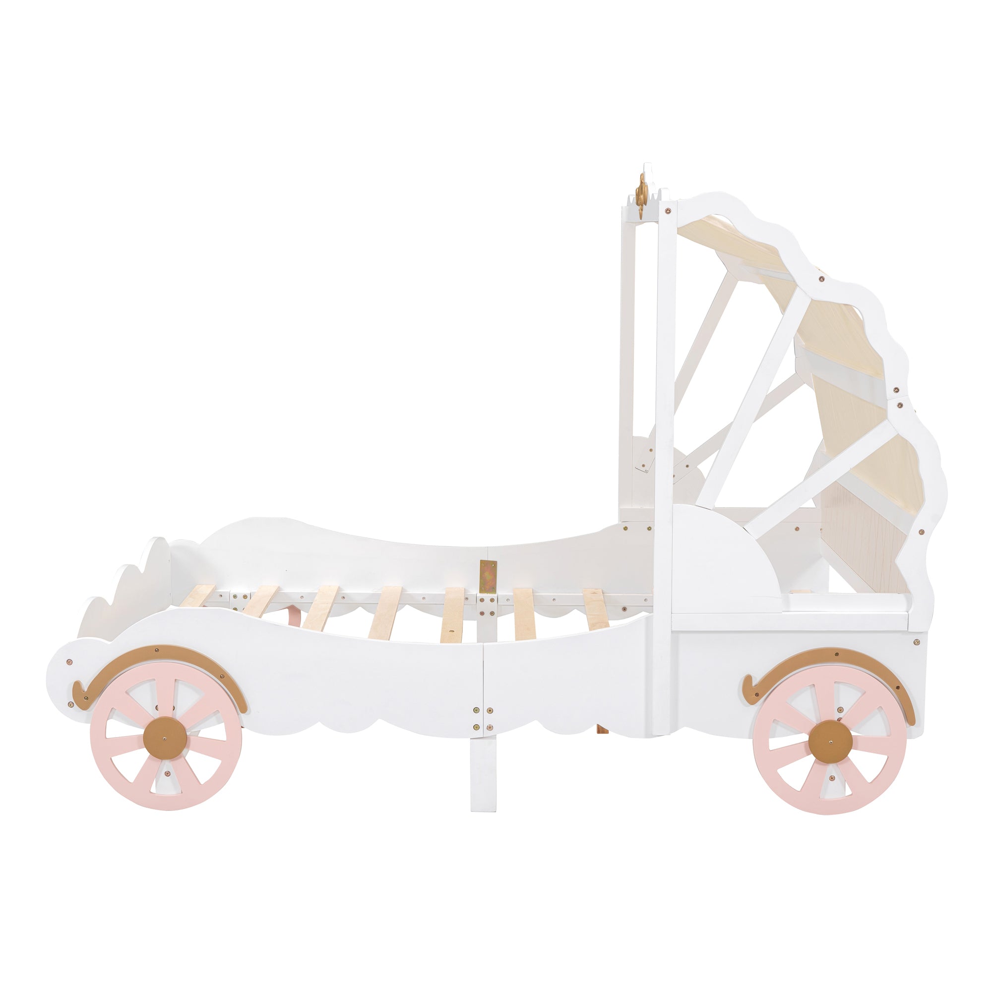 Full Size Princess Carriage Bed with Canopy, Wood Platform Car Bed with 3D Carving Pattern, White+Pink+Gold - Atlantic Fine Furniture Melbourne FL