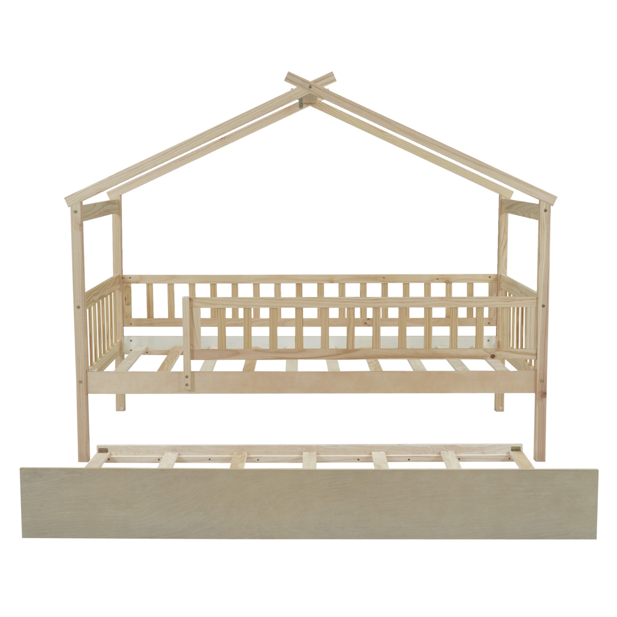 Twin Size Wooden House Bed with Twin Size Trundle, Natural - Atlantic Fine Furniture Melbourne FL