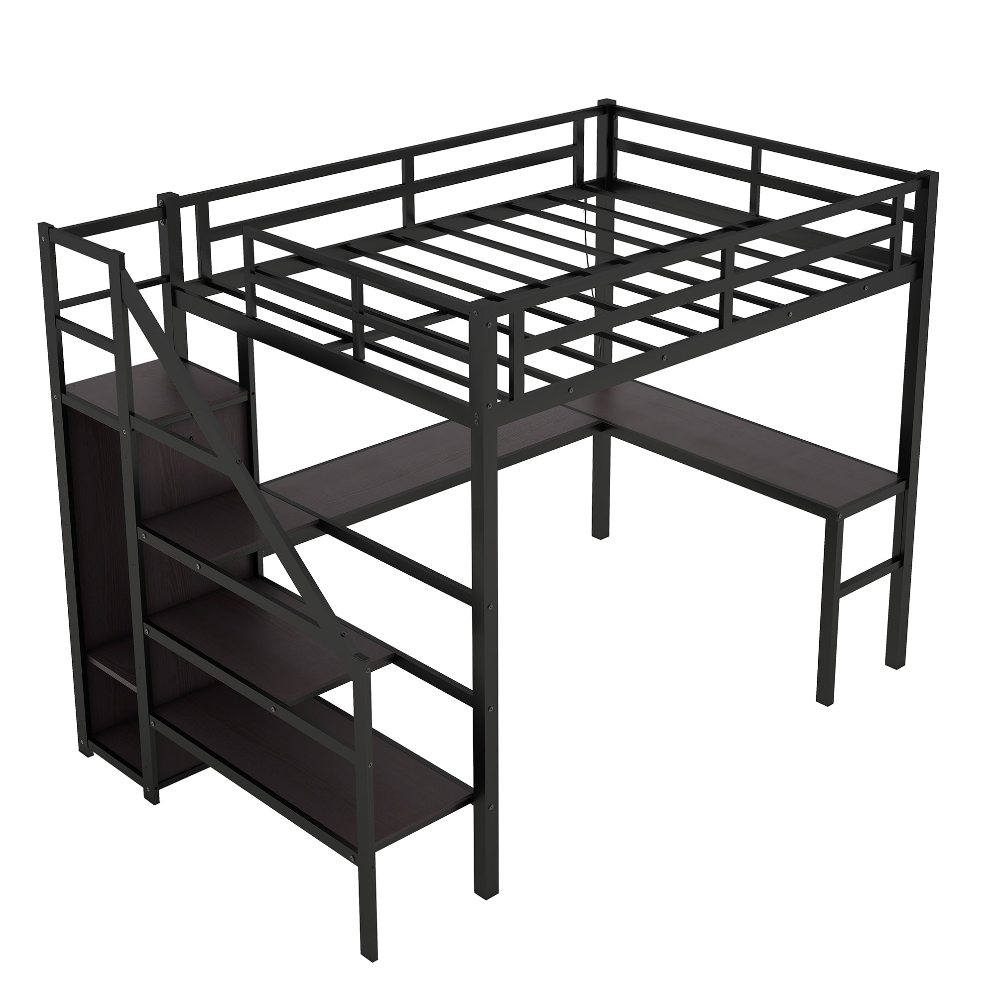 Full XL Size Loft Bed with L-shaped Desk and USB, Metal Loft Bed with Wardrobe and Adjustable Shelf, High Loft Bed with LED for Kids Teens Adults, Black