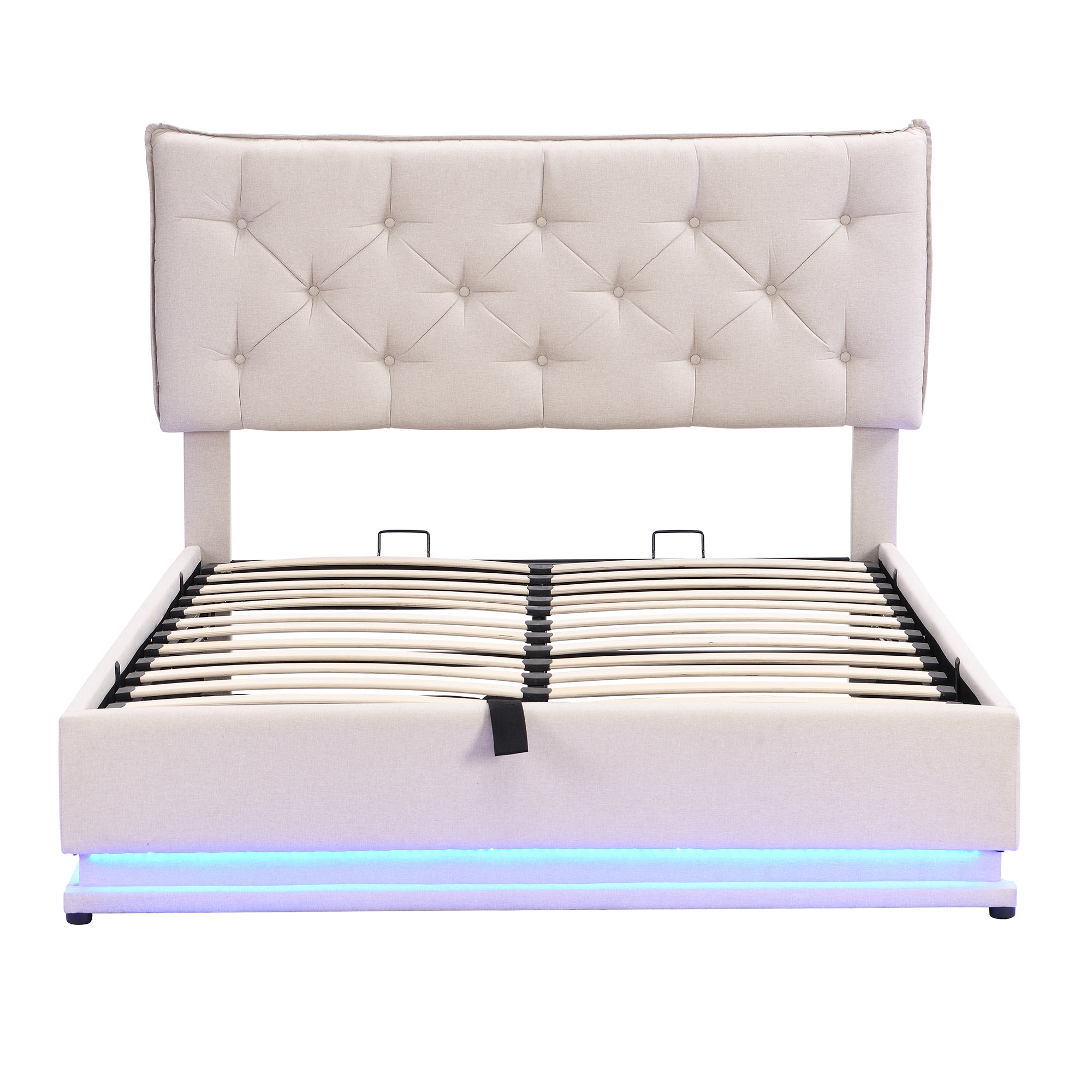 Full Size Upholstered Bed with Hydraulic Storage System and LED Light, Modern Platform Bed with Button-tufted Design Headboard, Beige - Atlantic Fine Furniture Melbourne FL