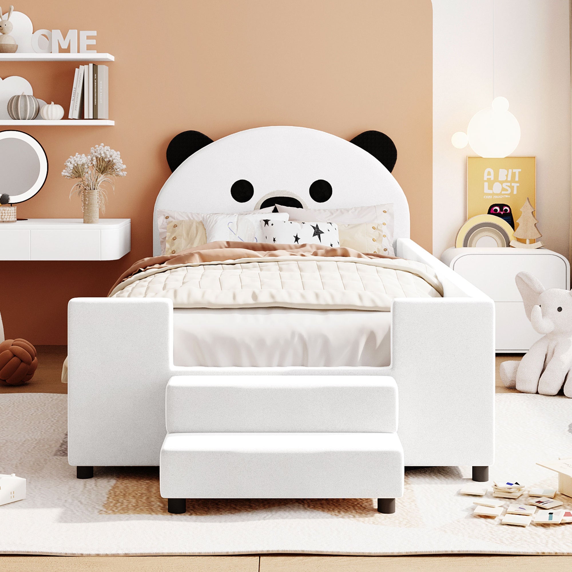 Twin Size Upholstered Daybed with Bear Shaped Headboard, Hydraulic System and Breathable Mesh Fence, White - Atlantic Fine Furniture Melbourne FL