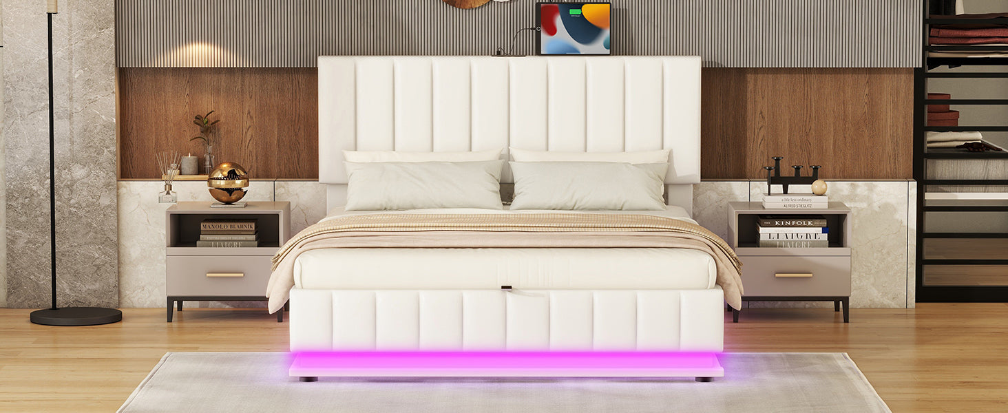 Queen Size Upholstered Bed with Hydraulic Storage System and LED Light, Modern Platform Bed with Sockets and USB Ports, White - Atlantic Fine Furniture Melbourne FL