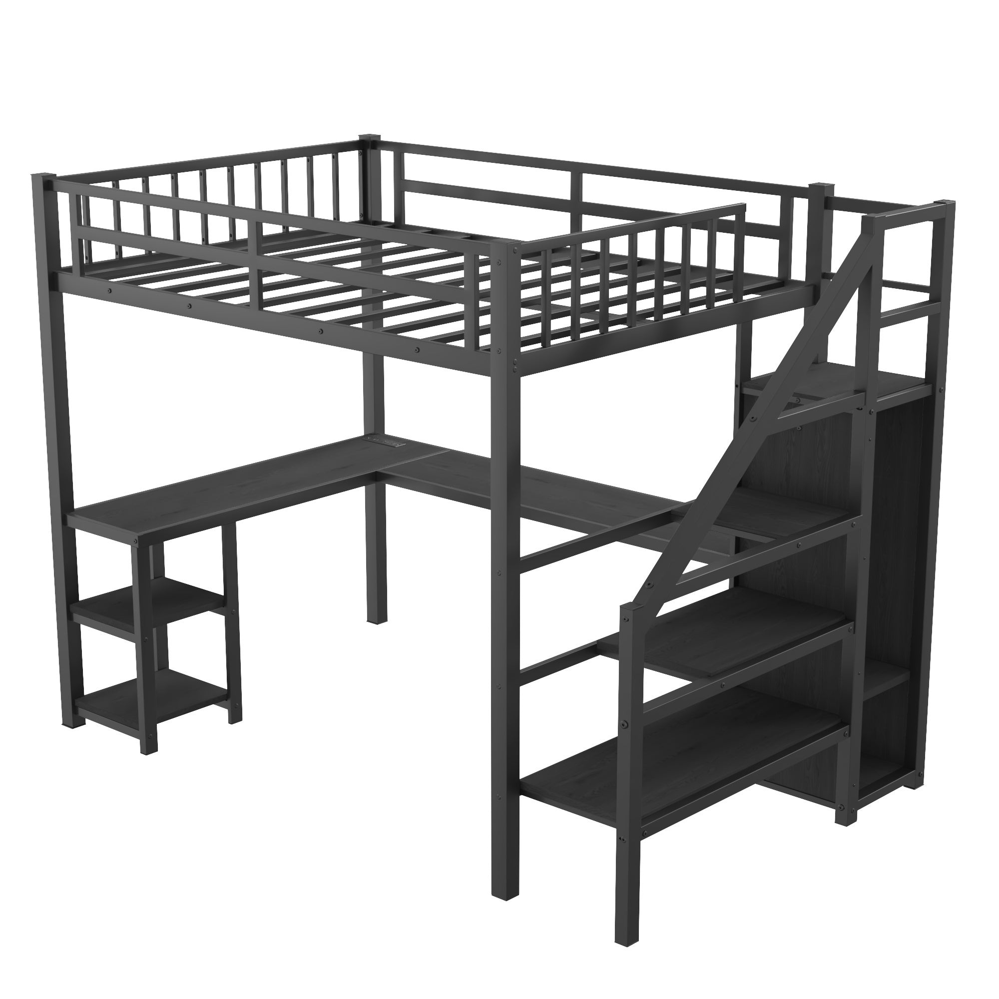Metal Full Loft Bed with Wardrobe and LED Light, Full Size Loft Bed with L Shaped Desk and USB for Kids Teens Adults, Black (Expect arrival date 2024/5/19)