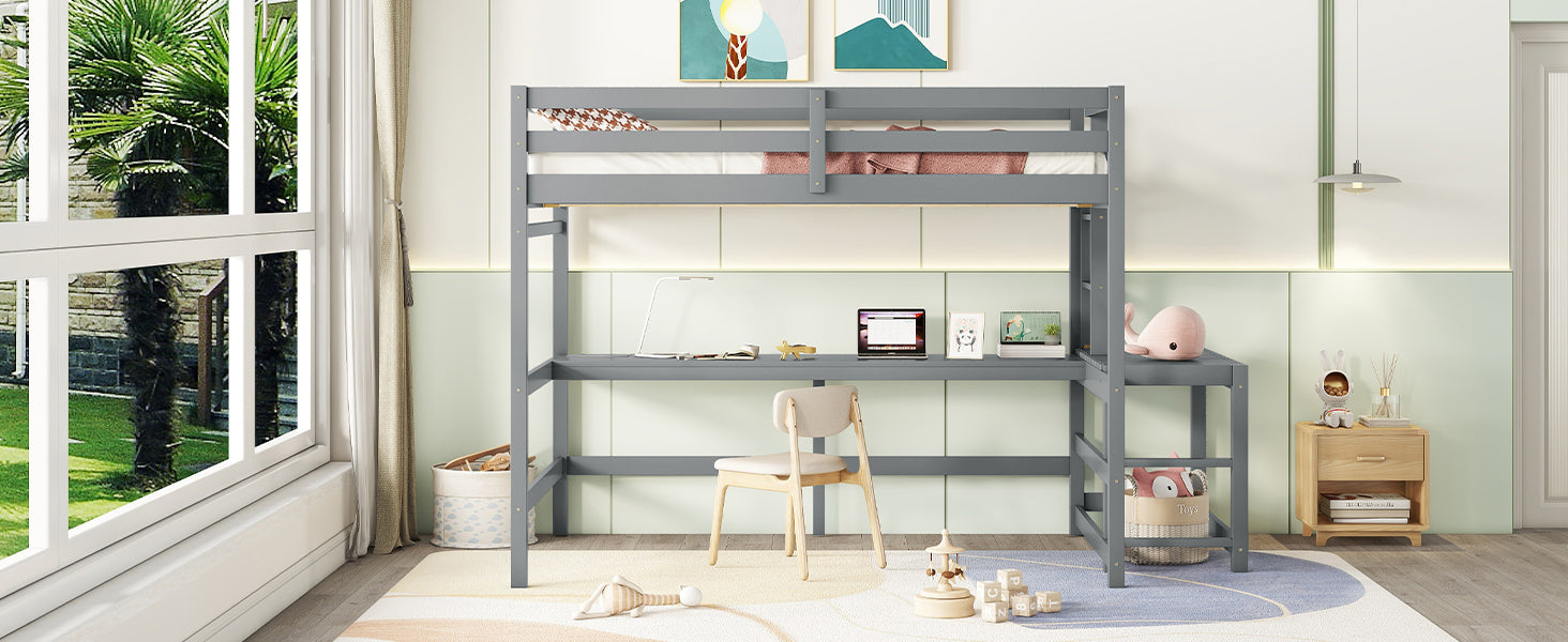 Full Loft Bed with Built-in Desk, Ladder Platform, Ladders, Guardrails,Grey
