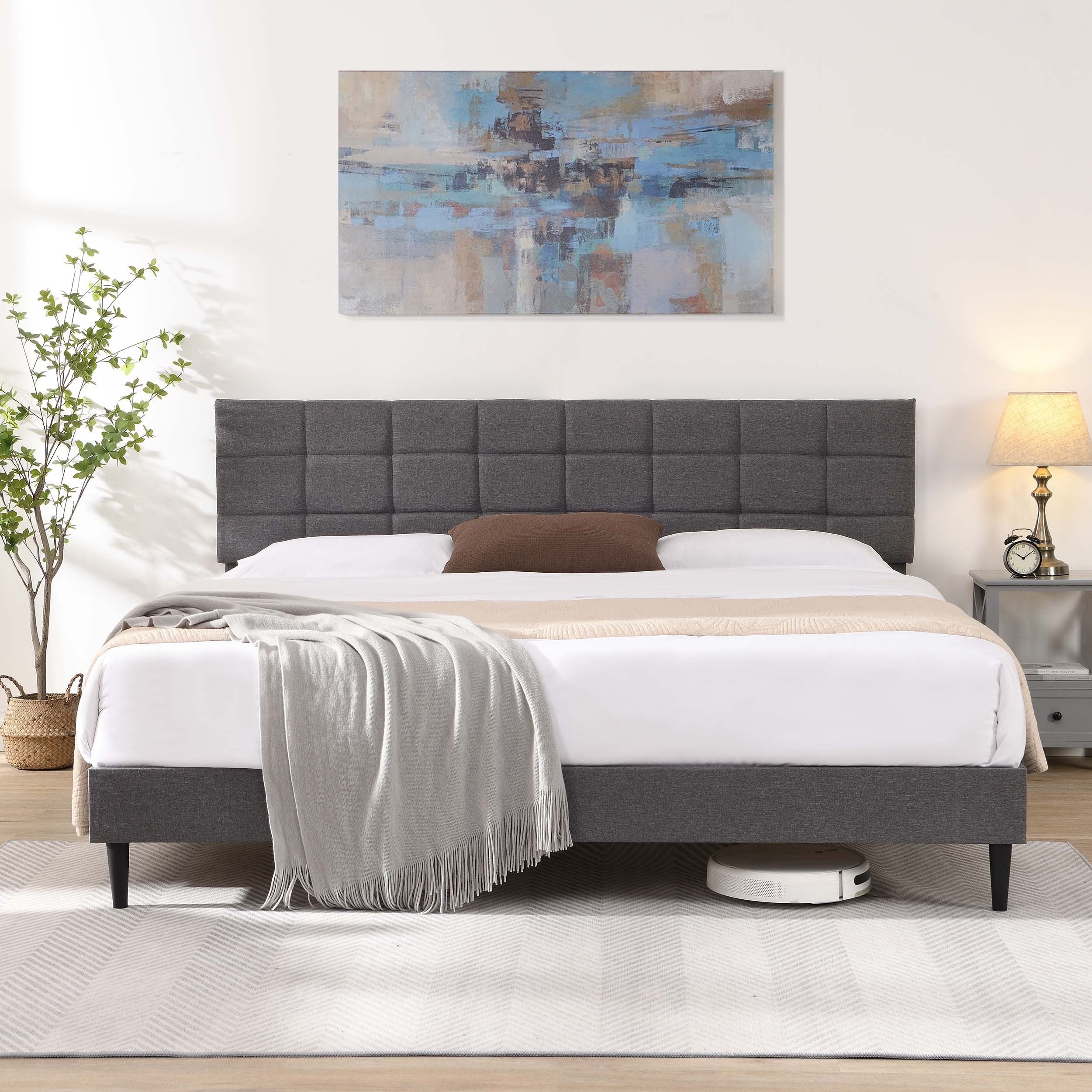 King Size Platform Bed Frame with Fabric Upholstered Headboard and Wooden Slats, No Box Spring Needed/Easy Assembly, Dark Grey - Atlantic Fine Furniture Melbourne FL