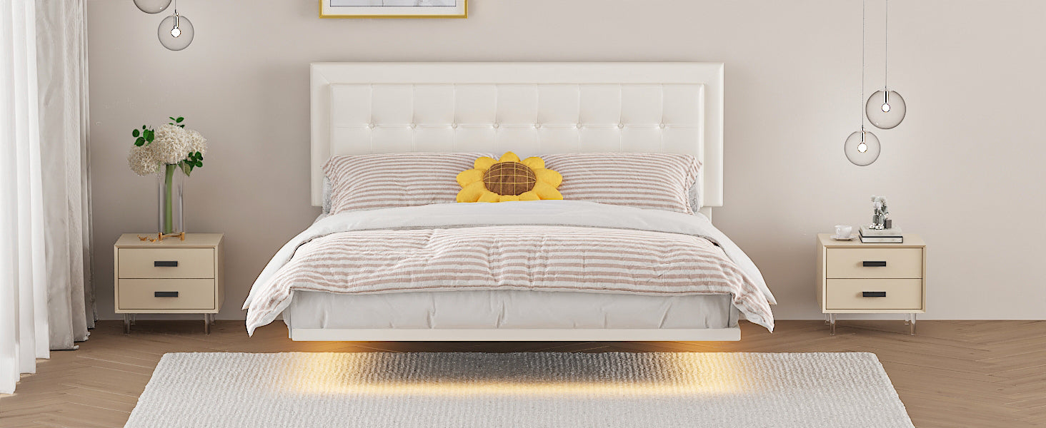 Queen Size Floating Bed Frame with Motion Activated Night Lights,Modern PU Upholstered Button Tufted Platform Bed Frame,White - Atlantic Fine Furniture Melbourne FL